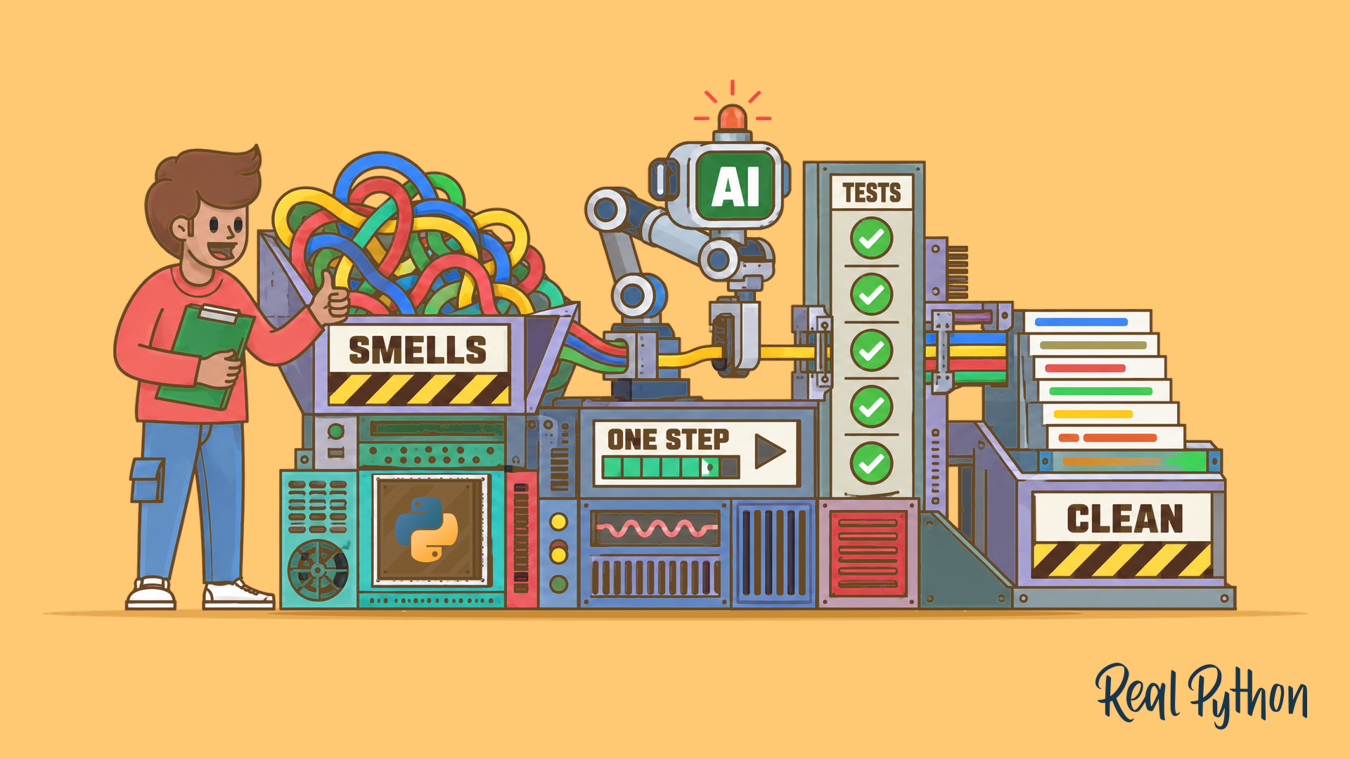 A person with a clipboard feeds tangled code into a machine labeled Smells, where an AI arm works one step at a time past passing tests into a Clean tray.