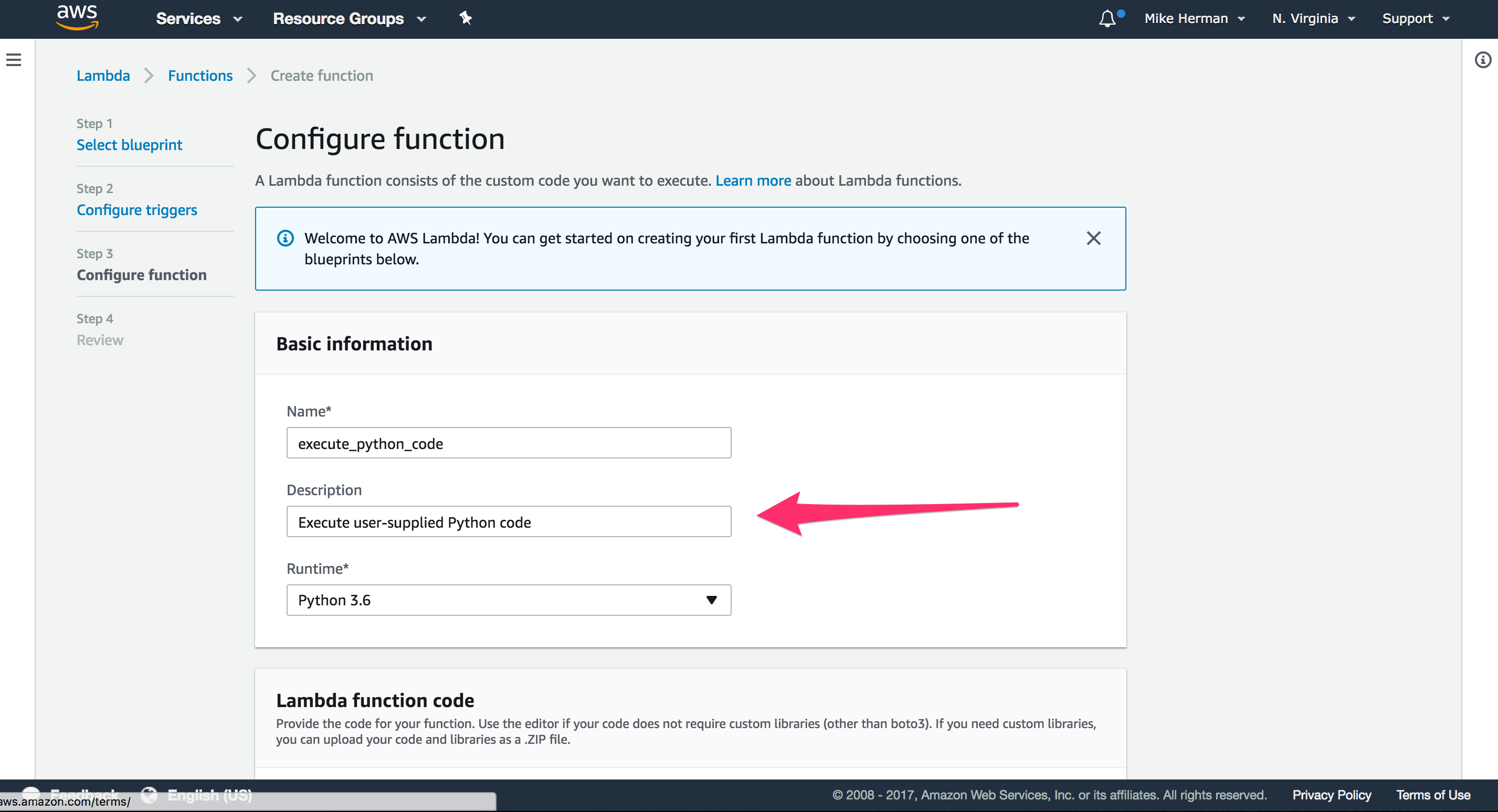 Create function. AWS Command line create Lambda.