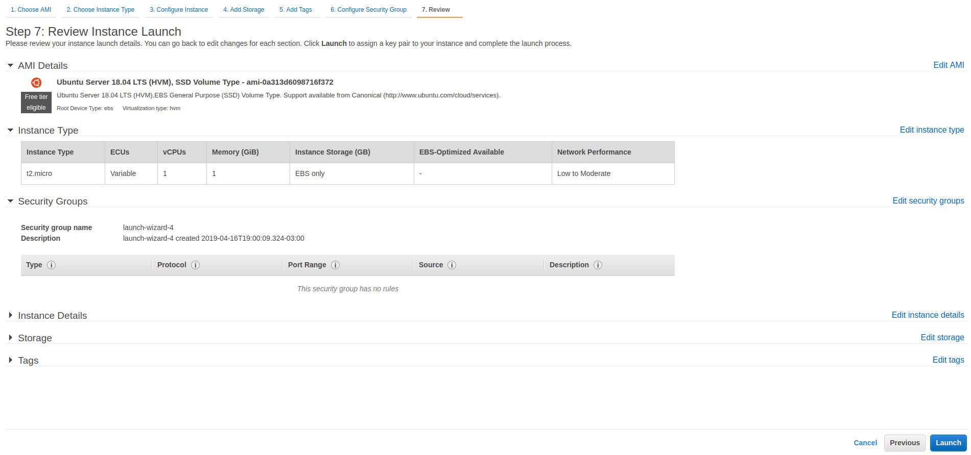 Review and launch EC2 instance