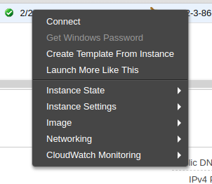 Context menu for EC2 instance