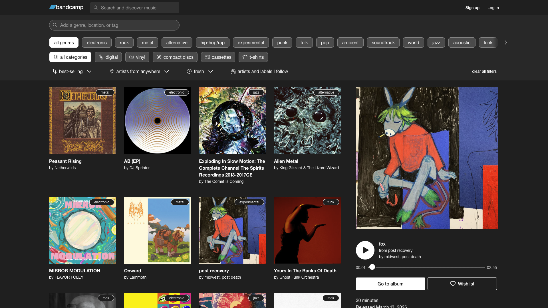 A view of the Bandcamp Discover page that shows album artwork, a player, and genre selection buttons on the top