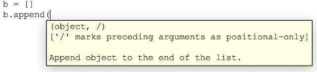 displays a simple call tip for the append method with a python list