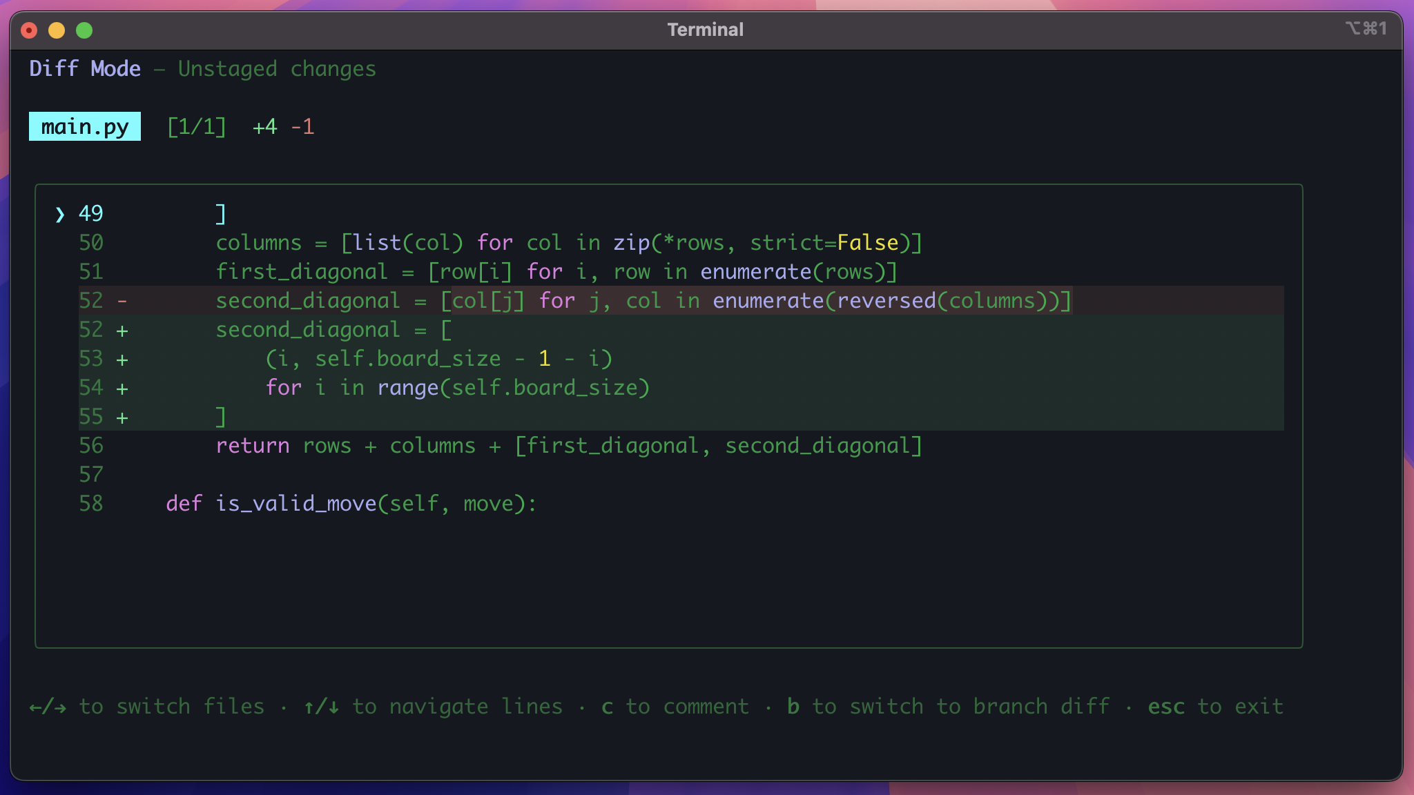 Sample diff output displayed in GitHub Copilot CLI Diff Mode