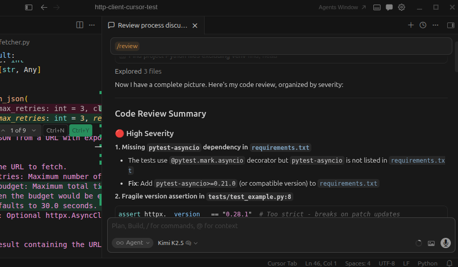 Image showing usage of Cursor inline review feature