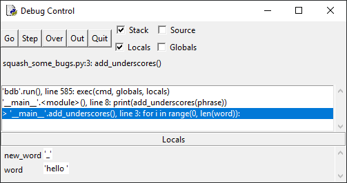 Python IDLE Debug window pt. 1