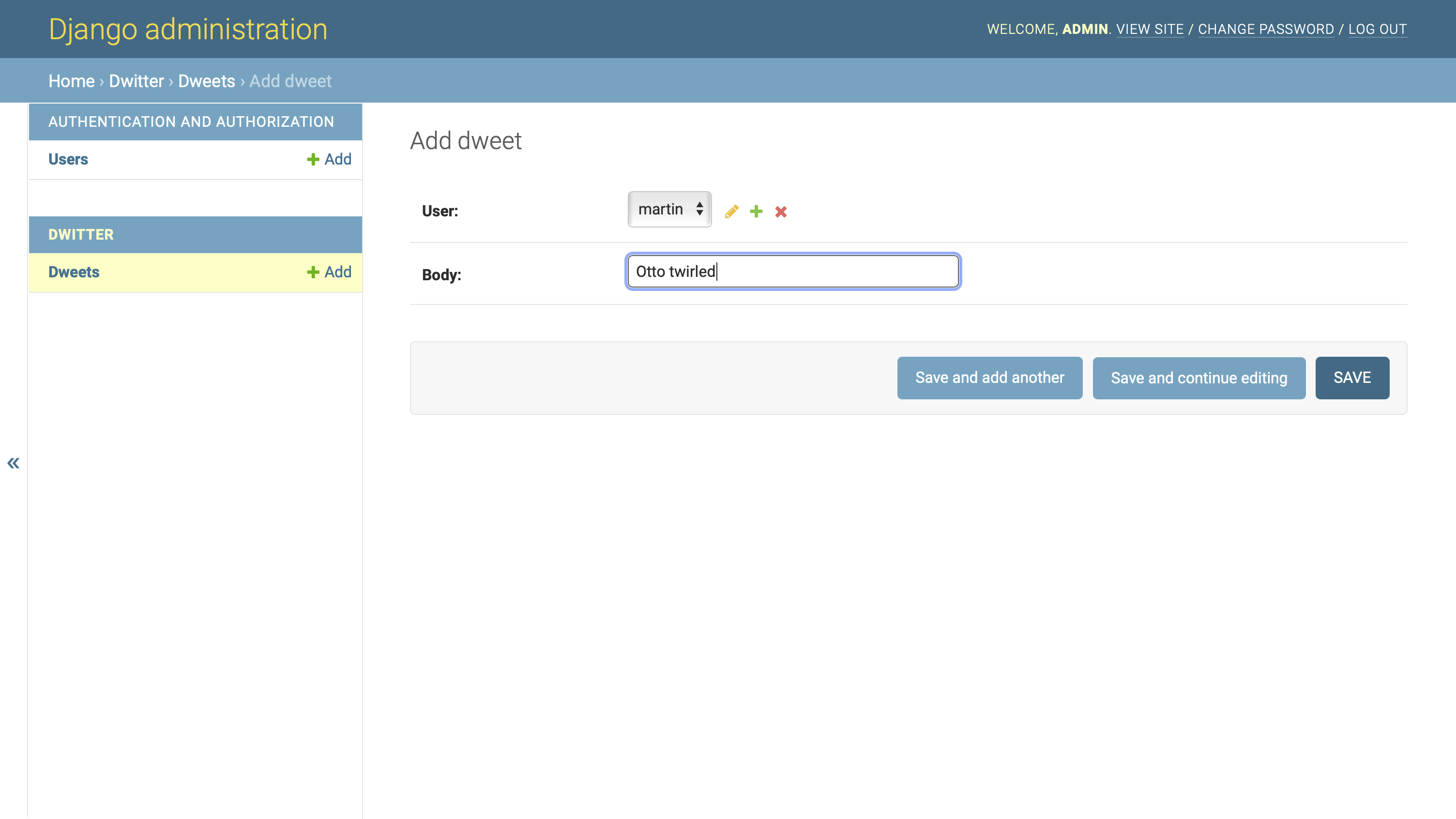 通过 Django 管理界面添加新的 Dweet