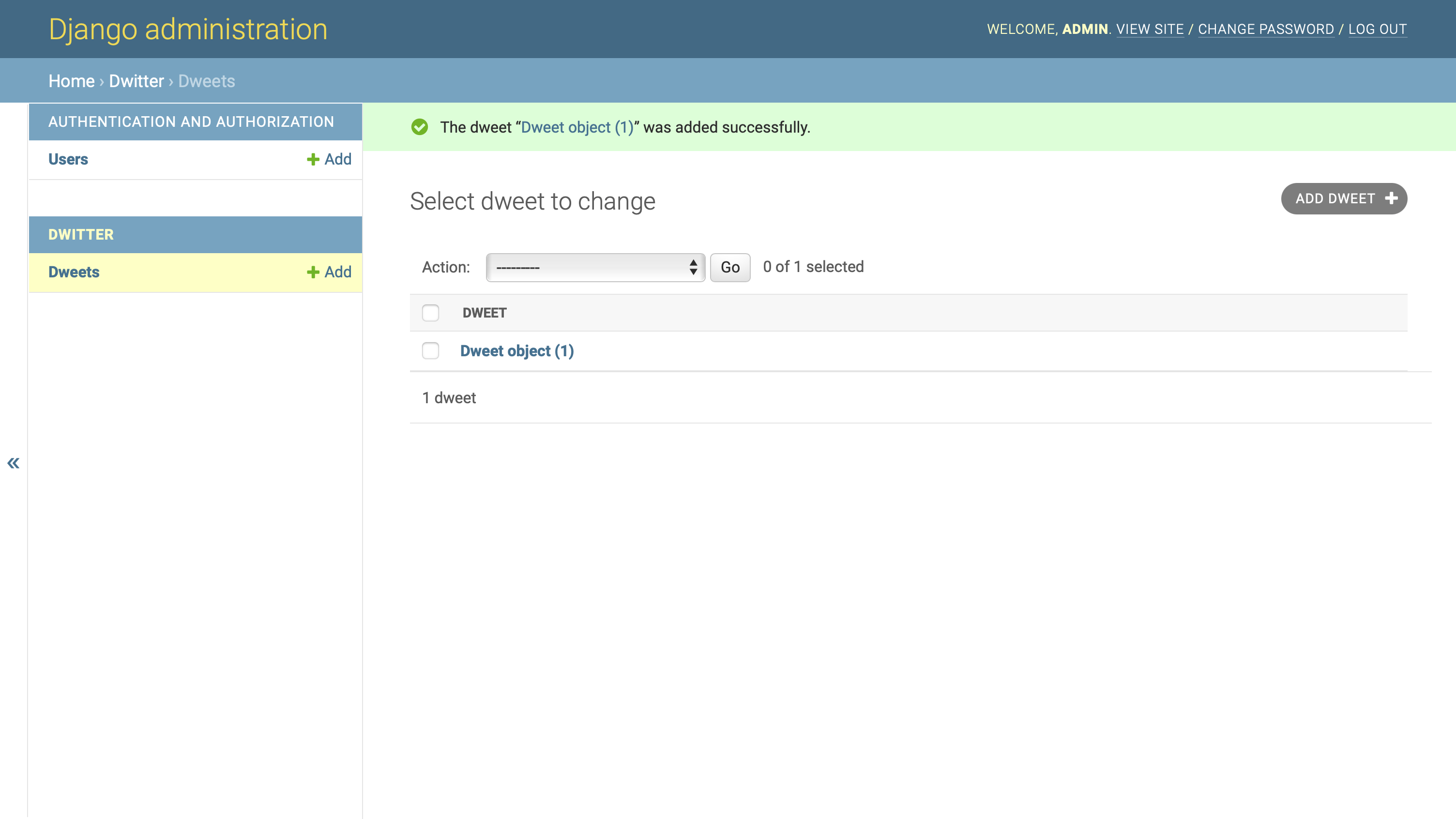 显示成功添加的“Dweet 对象”的 Django 管理页面