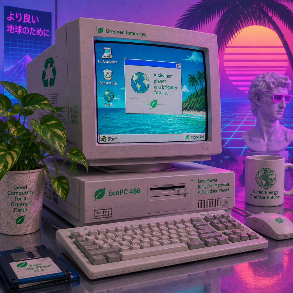 A 1990s desktop computer with recycling and leaf logos, a potted plant, and a mug, in vaporwave colors