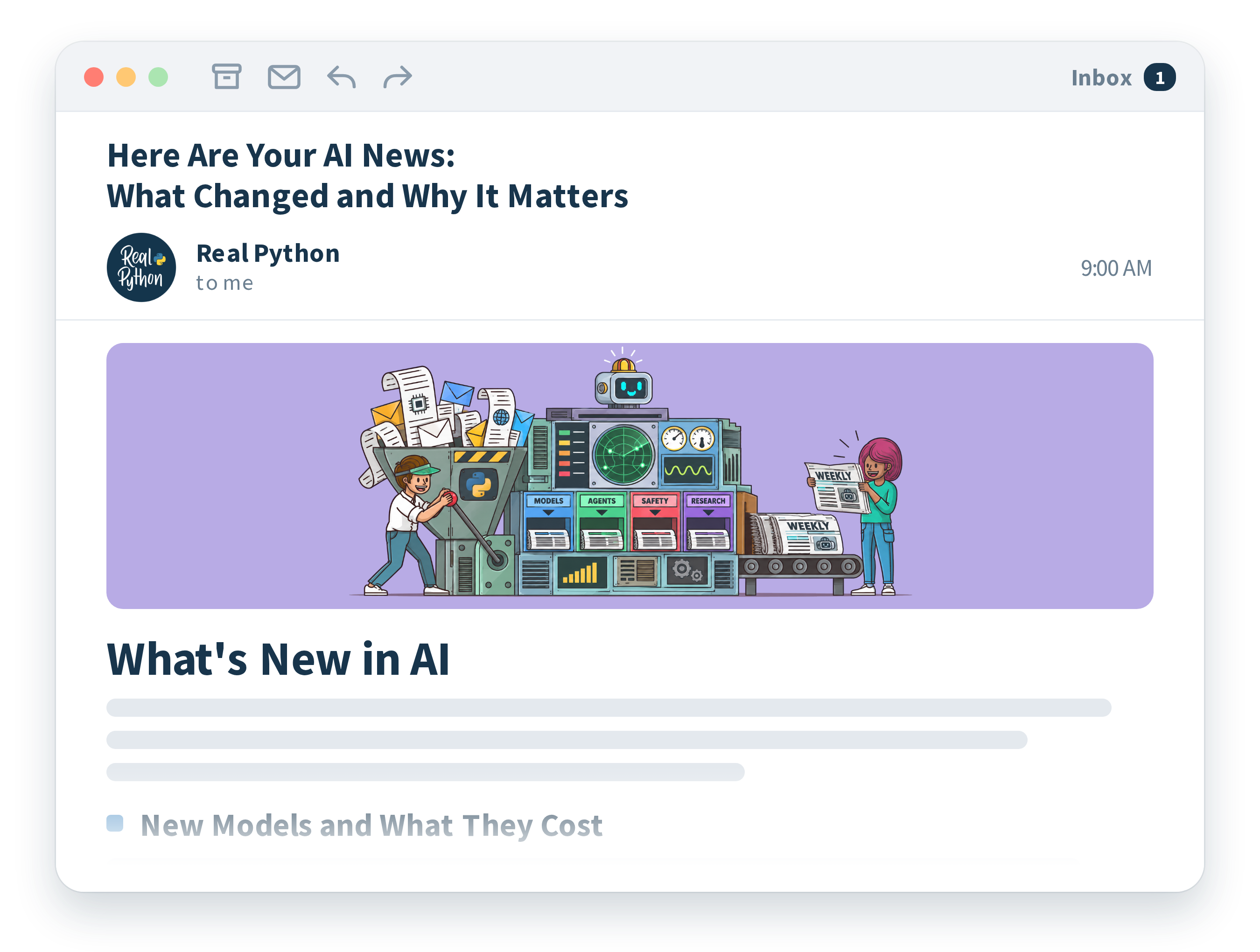 An email from Real Python titled Here Are Your AI News, What Changed and Why It Matters, with lavender newsletter artwork and a What's New in AI heading.