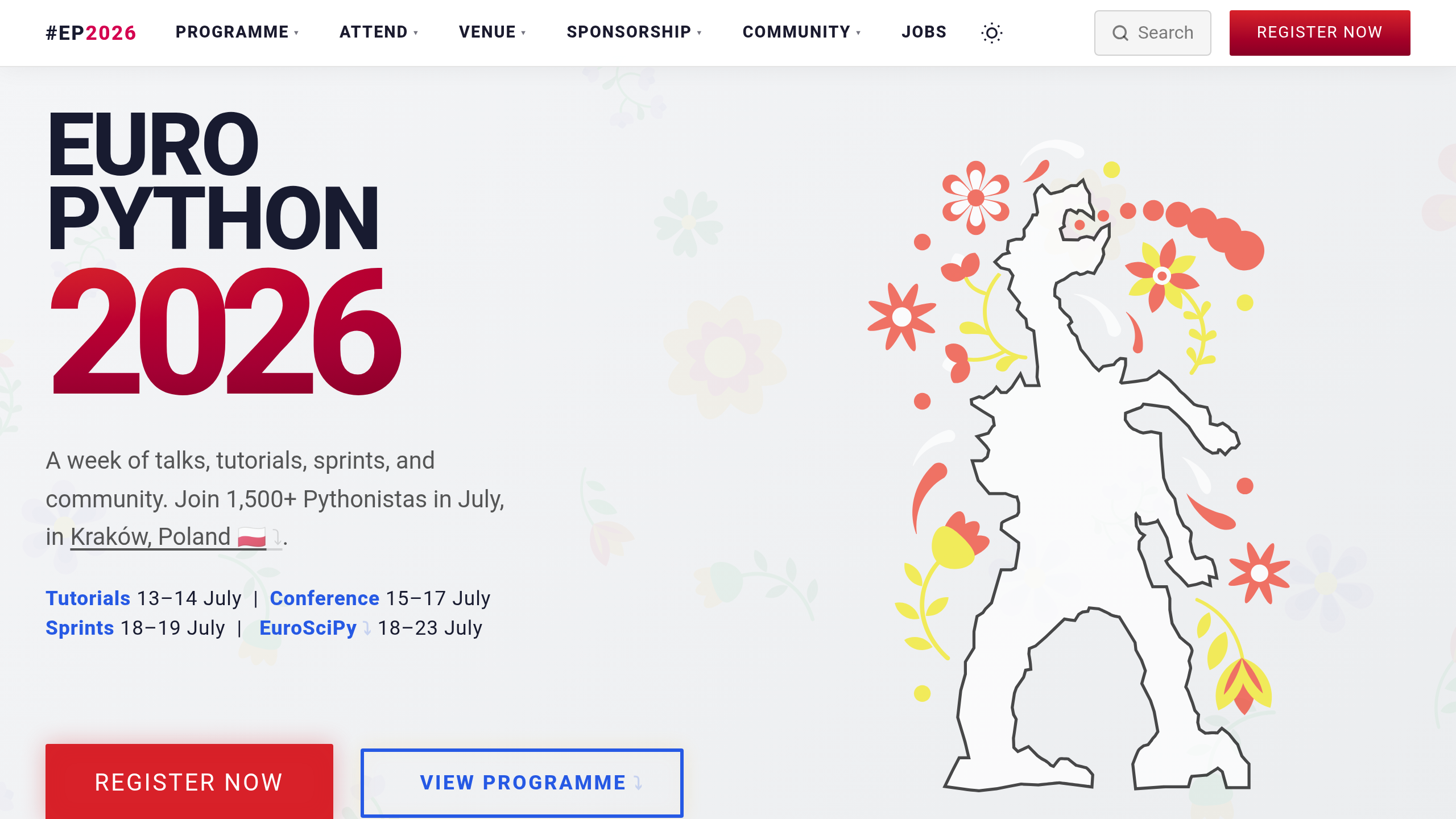 EuroPython 2026 website header reading EURO PYTHON 2026, inviting 1,500+ Pythonistas to Kraków, Poland in July, with the schedule and a line-art bear covered in flowers.