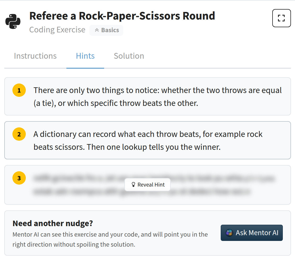 Hints tab of a coding exercise with two hints revealed, a third still blurred, and a prompt to ask Mentor AI for another nudge.