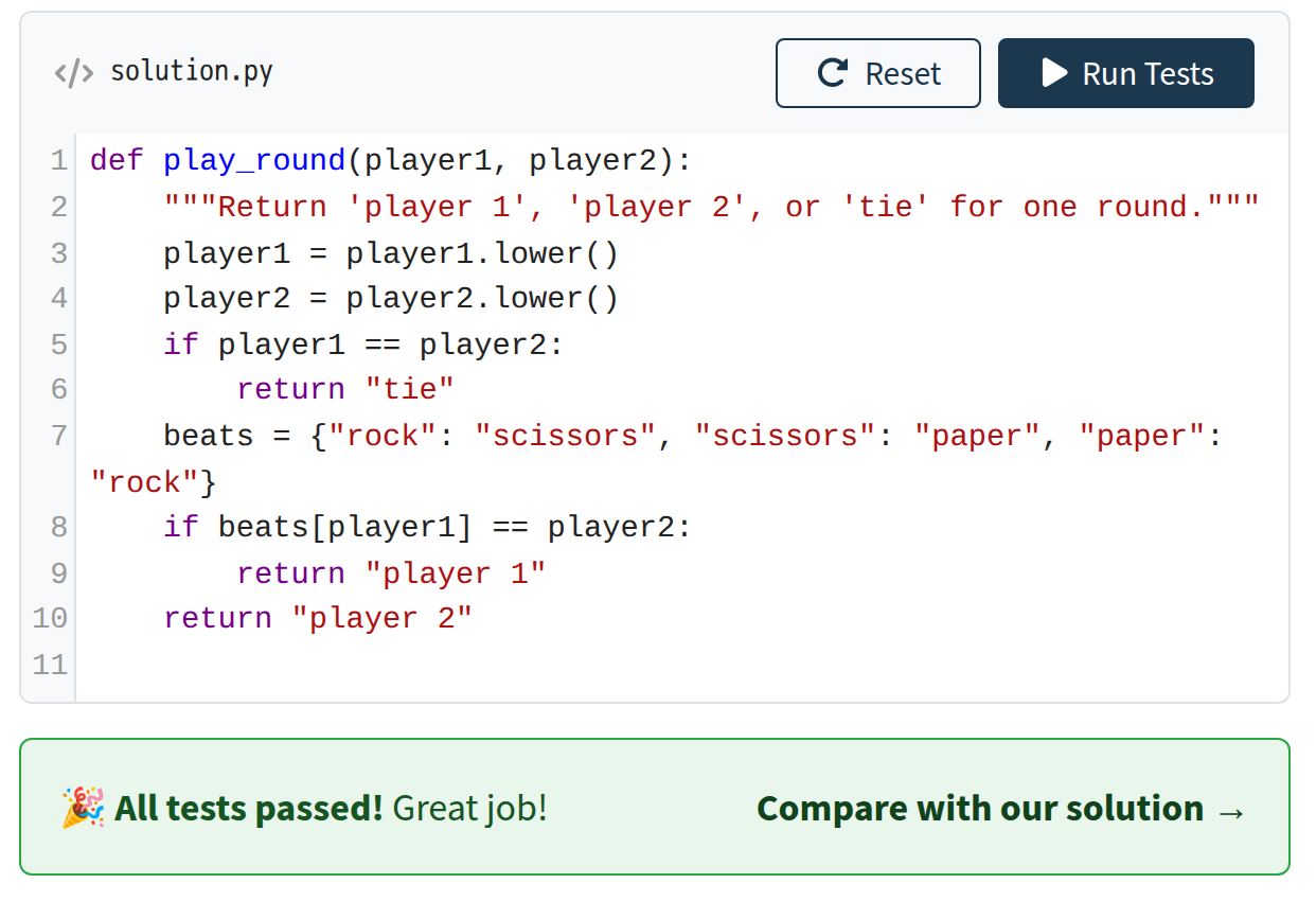 Code editor with a finished rock-paper-scissors solution above a green banner reading All tests passed with a link to compare with the solution.