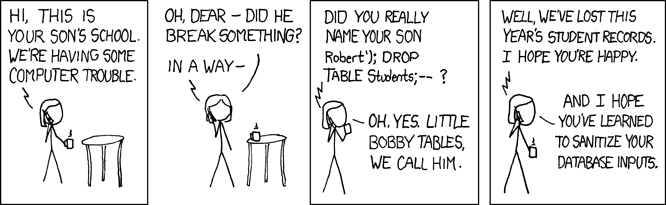 A humorous webcomic by xkcd about the potential effect of SQL injection