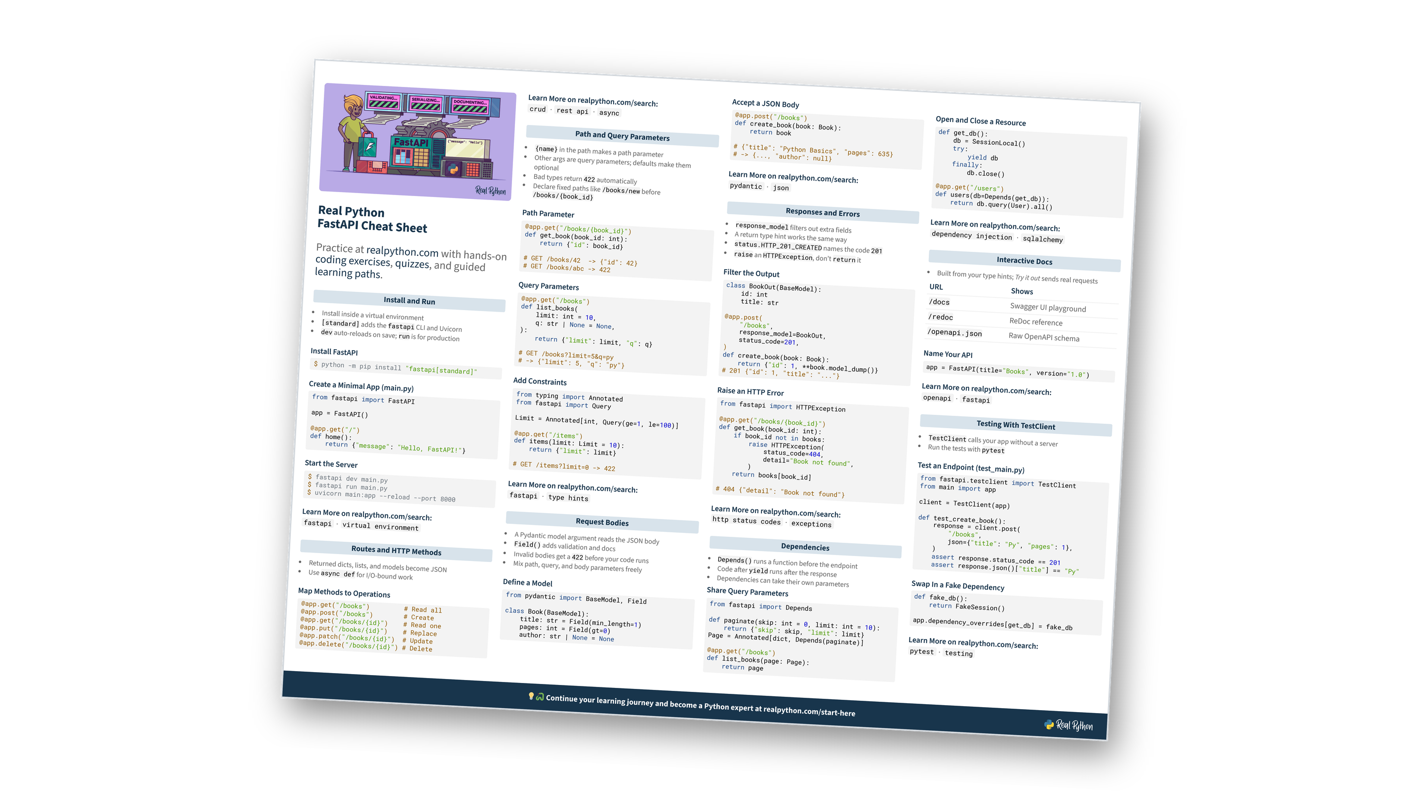 Real Python FastAPI Cheat Sheet pages stacked on top of each other
