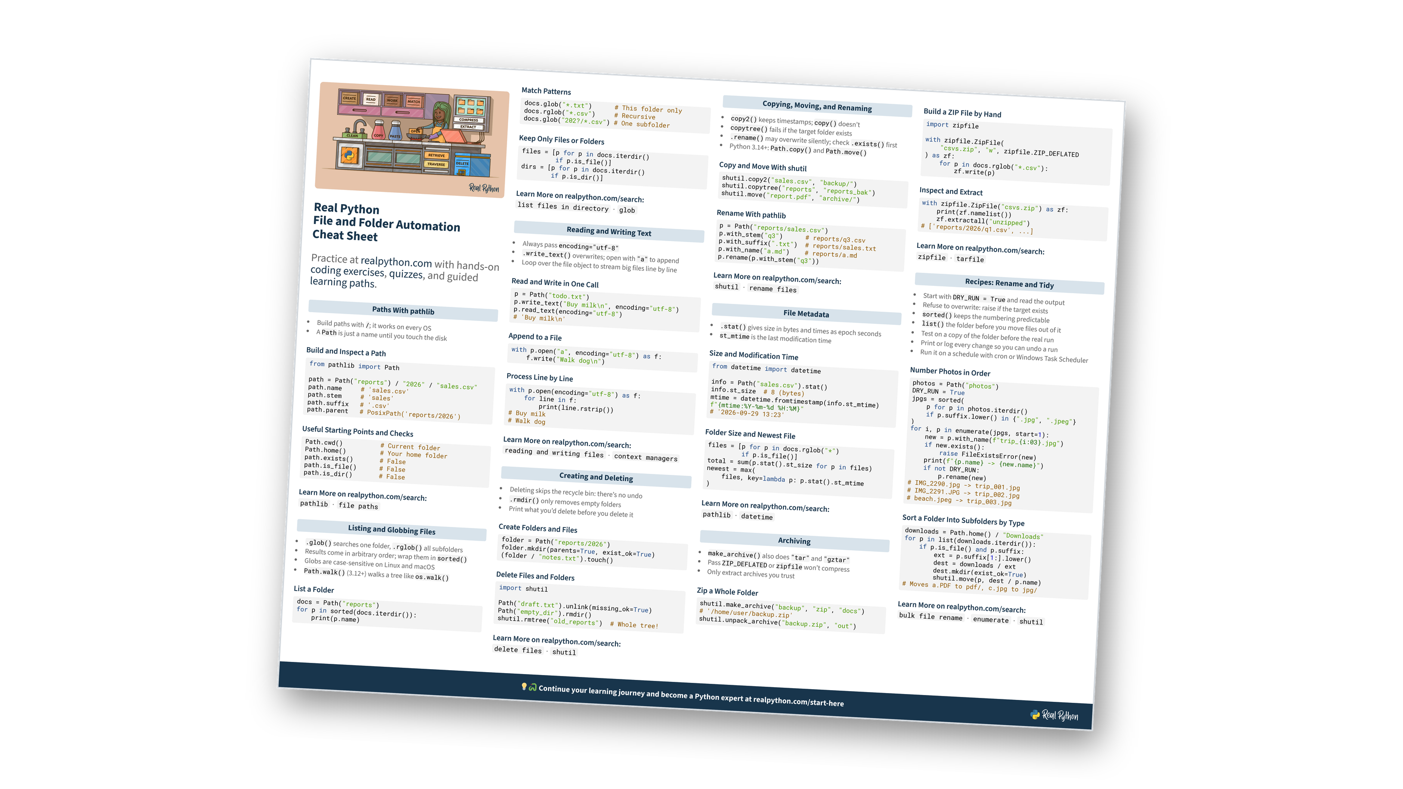 Real Python File and Folder Automation Cheat Sheet pages stacked on top of each other