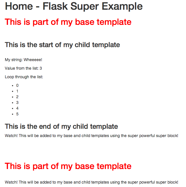 Jinja templating example showing the footer block included in the final HTML output