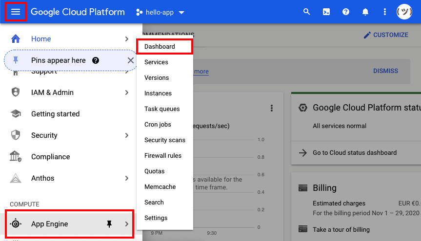 Visual instructions on how to get from the Cloud Platform dashboard to the App Engine dashboard