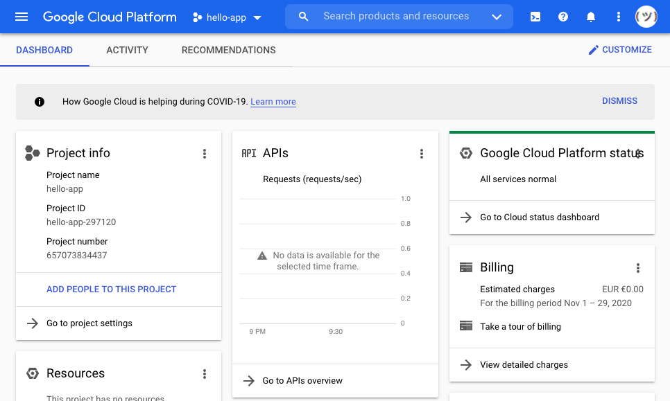 Google Cloud Platform dashboard view