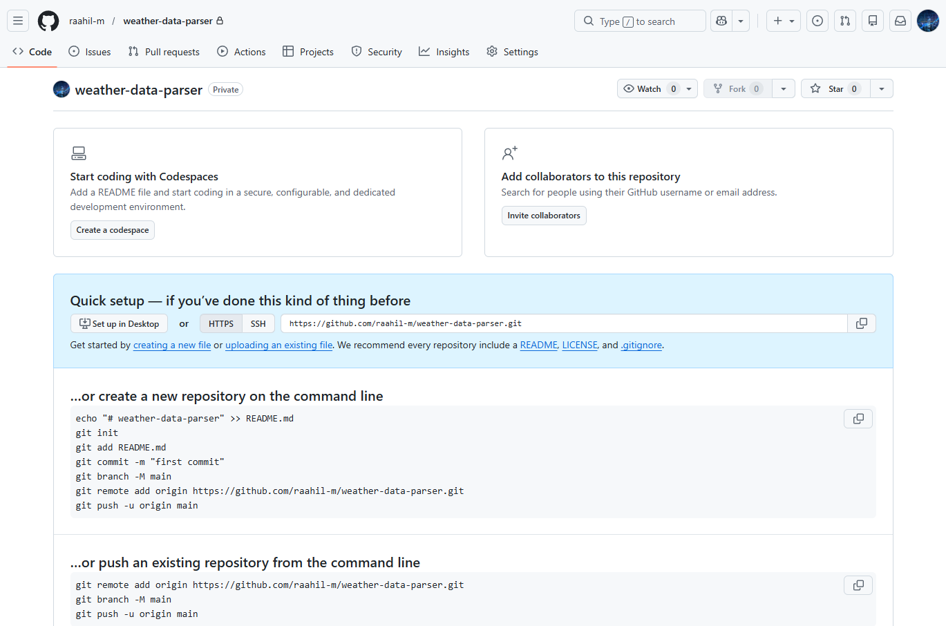 Github screen after a repo is successfully created