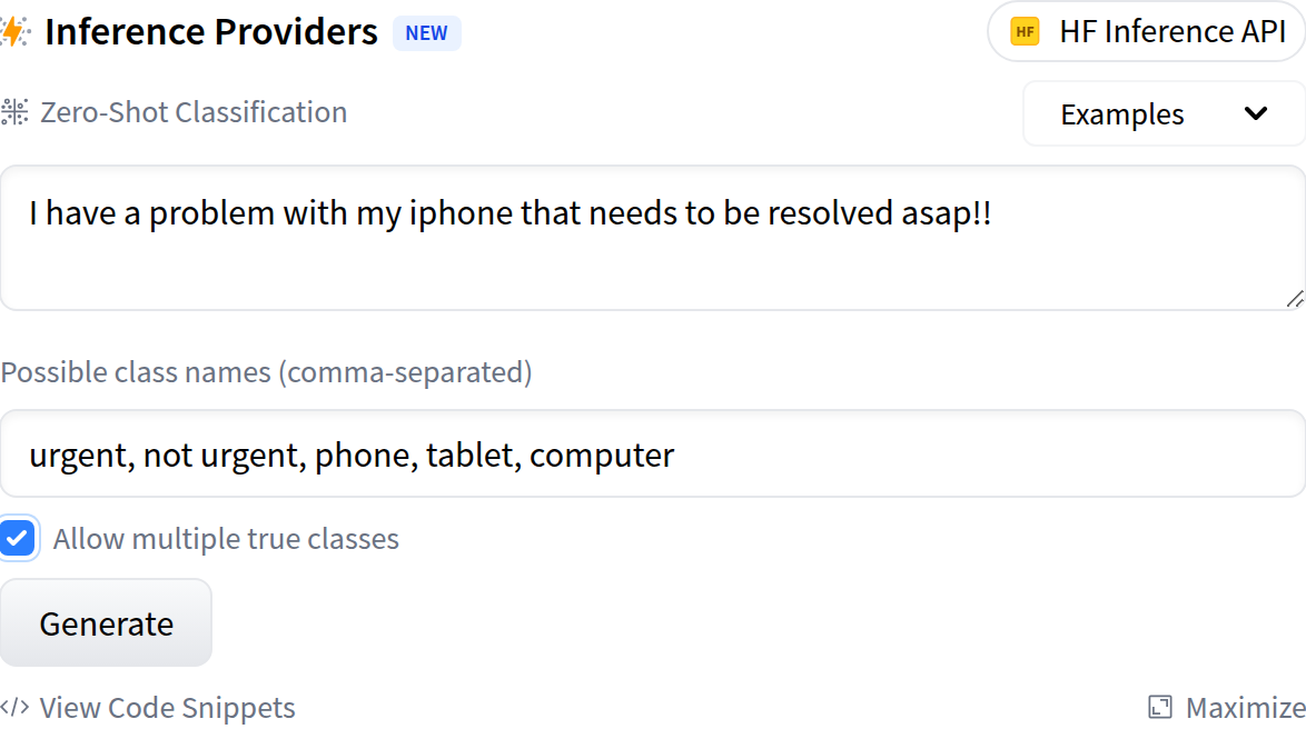 The Inference Providers widget on a model card with text to classify, candidate class names, and a Generate button