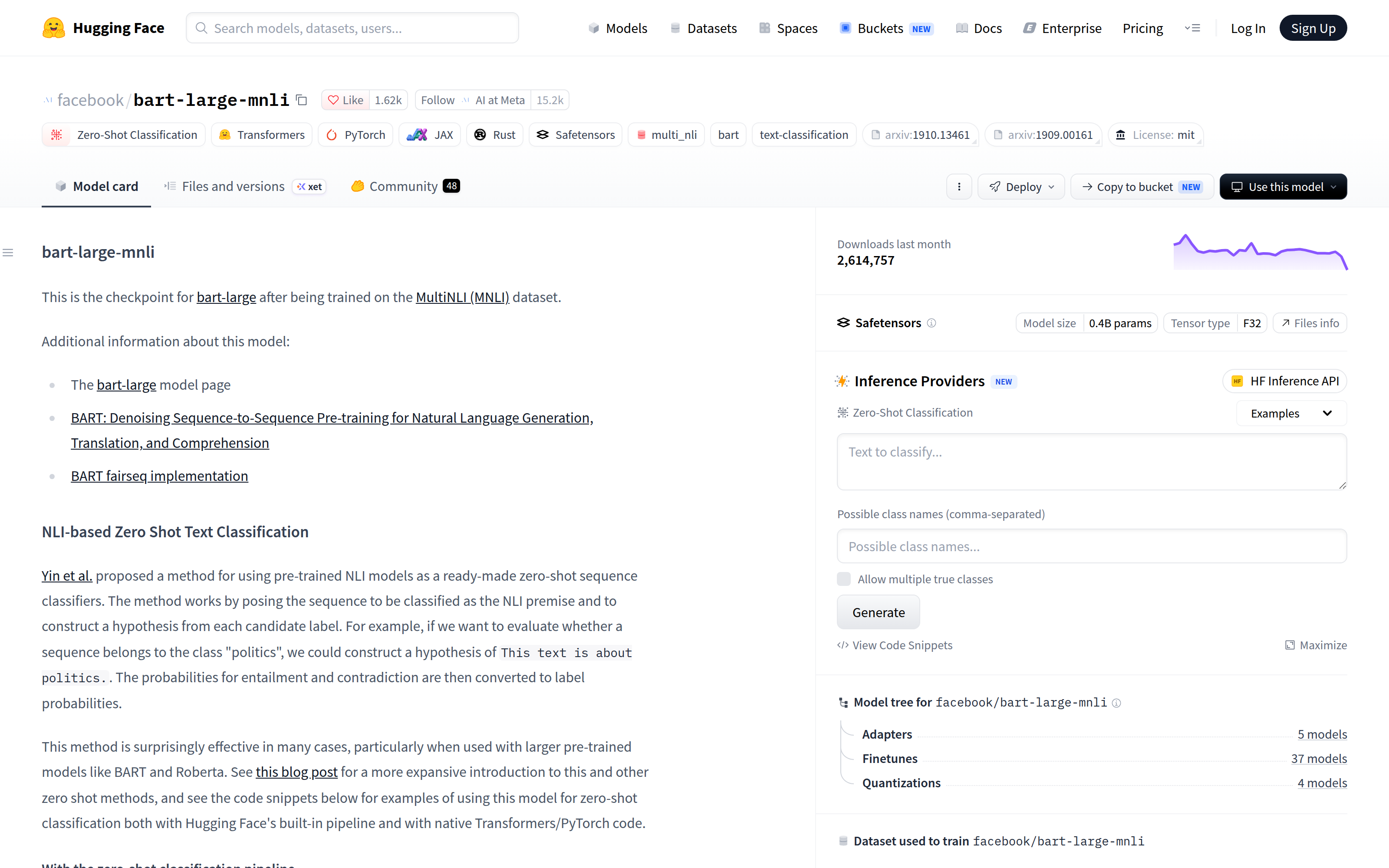 The model card for facebook/bart-large-mnli with the Inference Providers widget in the sidebar