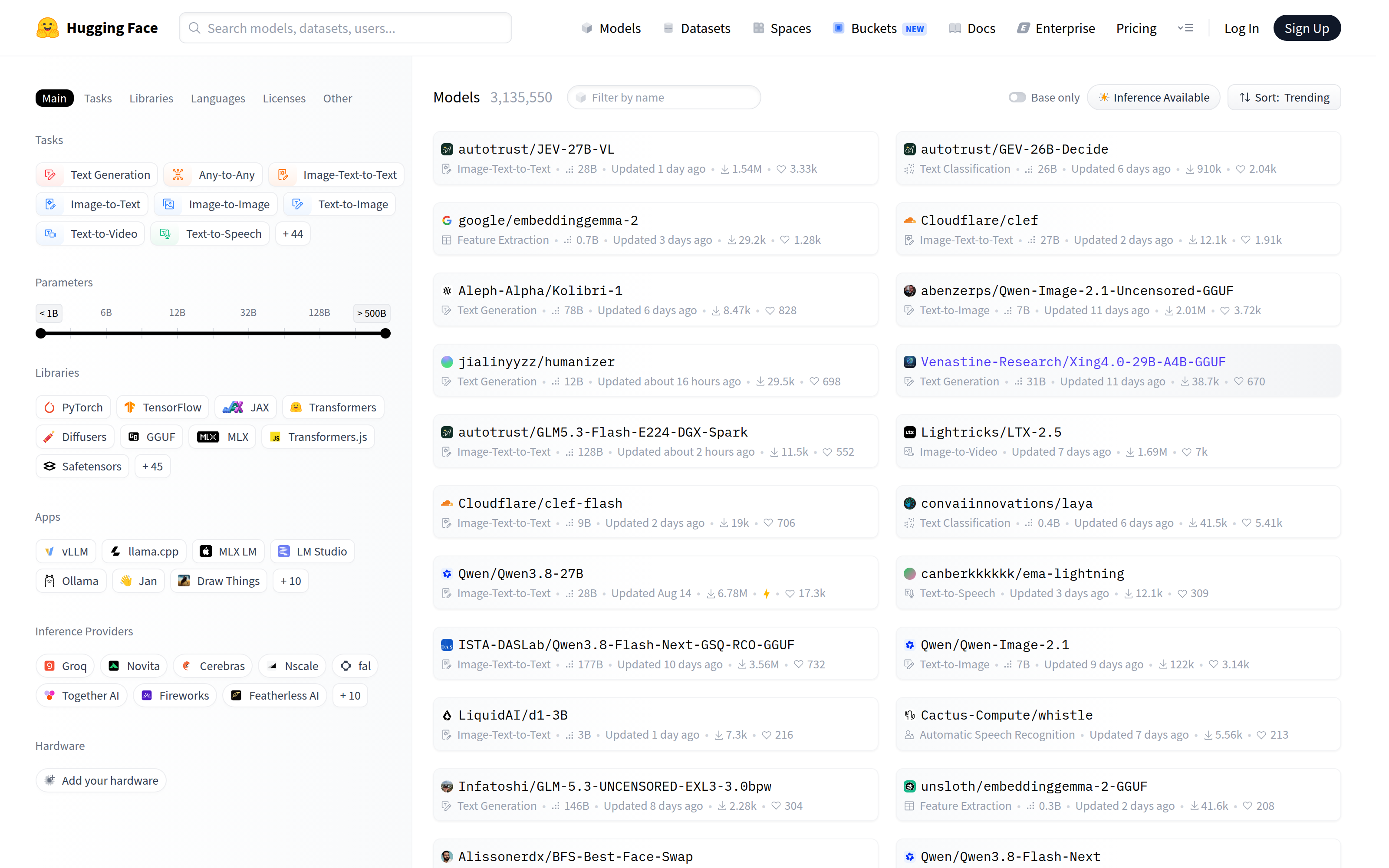 The Hugging Face Models page with task, library, and app filters on the left and a list of trending models