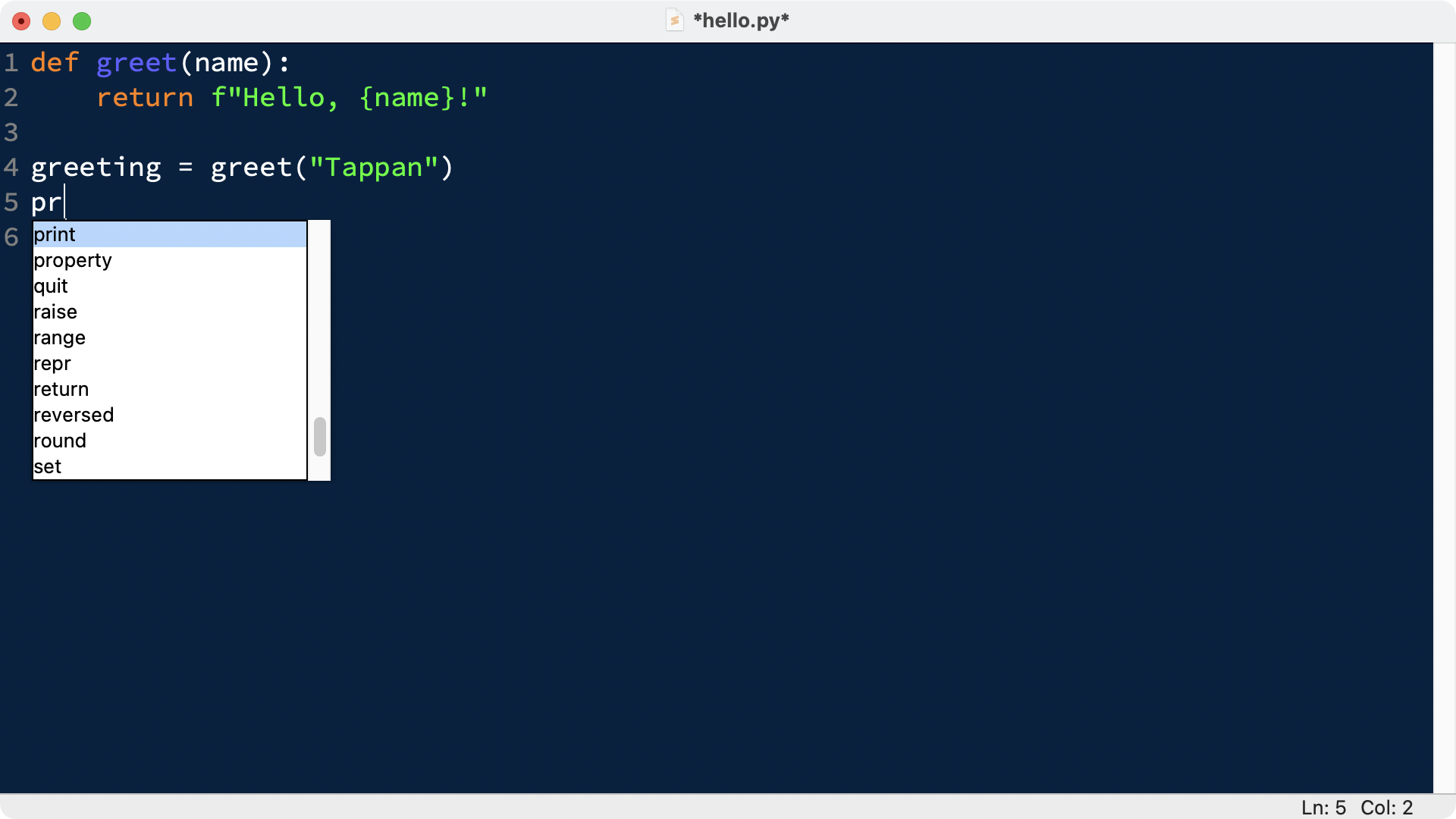 IDLE code completion while typing pr and then pressing tab