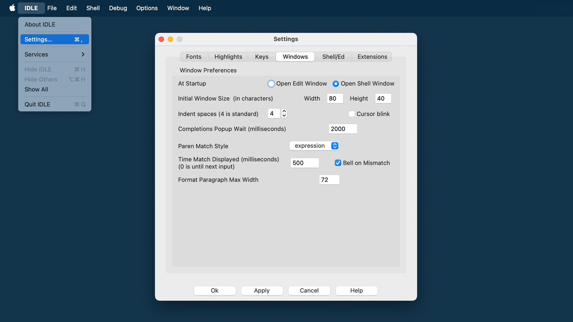 IDLE settings windows