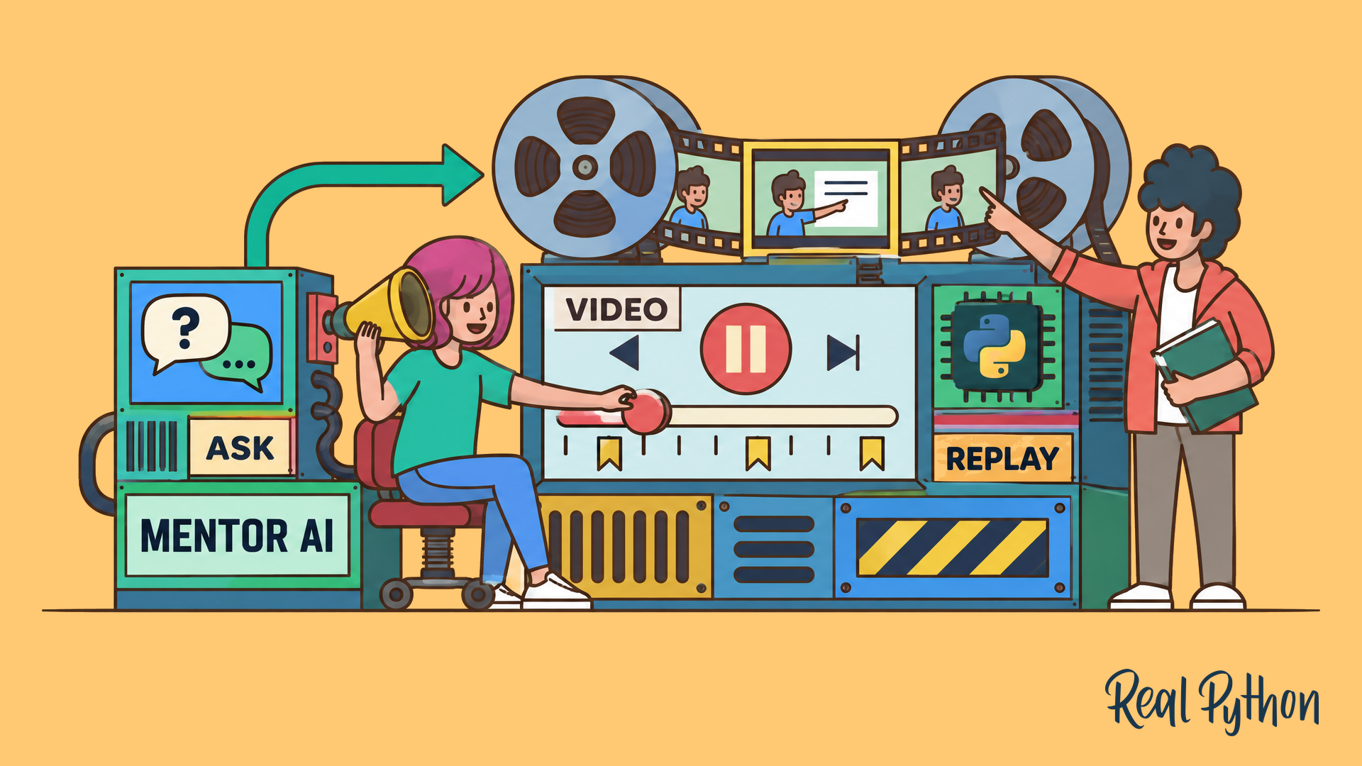 A learner pauses a video machine and asks a question through a connected Mentor AI handset while a guide points to a frame on the film reel.