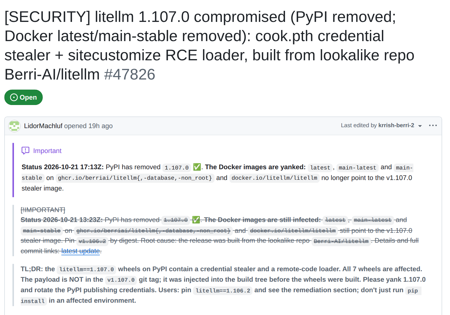 GitHub issue 47826 titled litellm 1.107.0 compromised, with a status box and a TL;DR about the credential stealer.