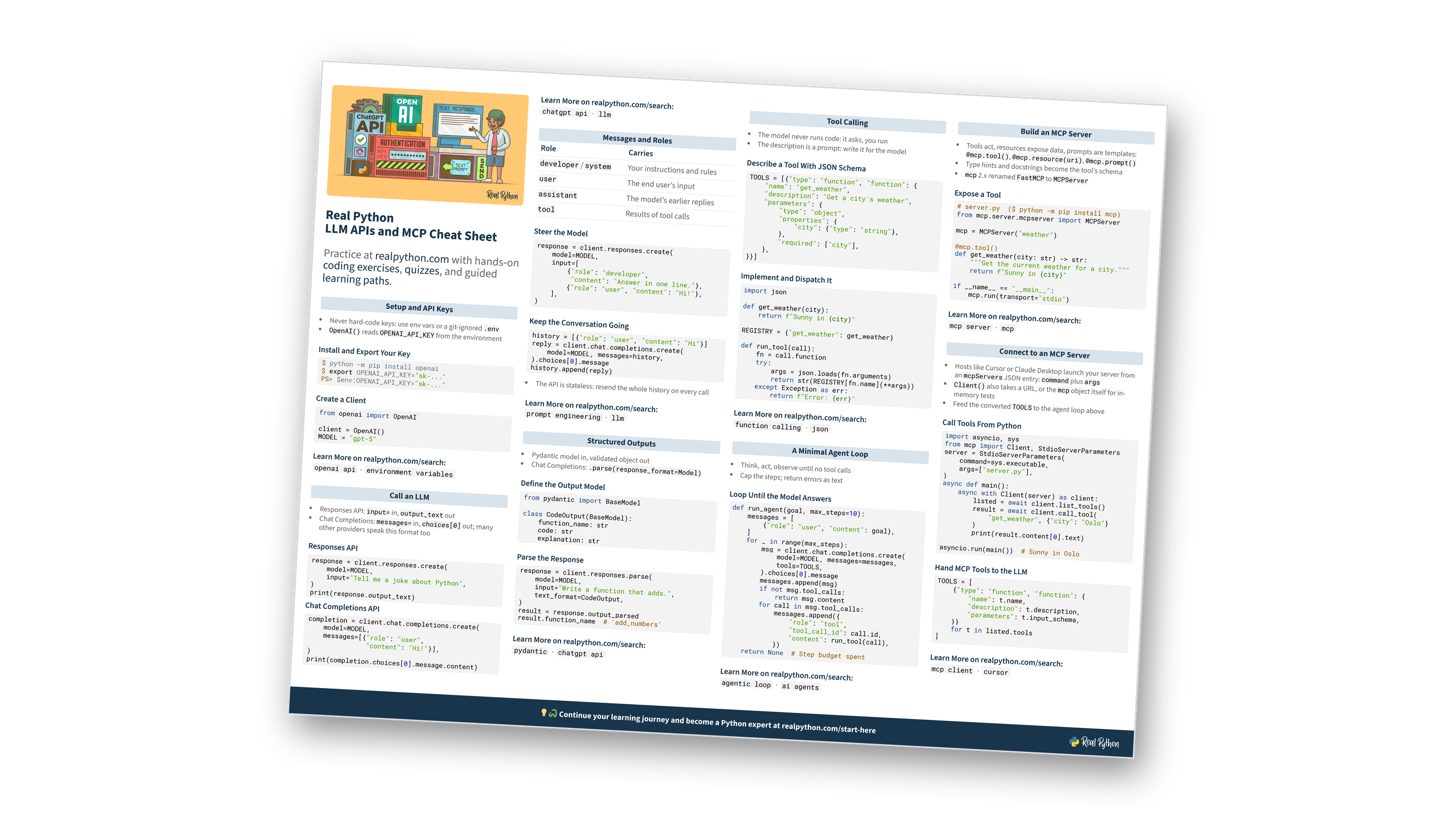 Real Python LLM APIs and MCP Cheat Sheet pages stacked on top of each other