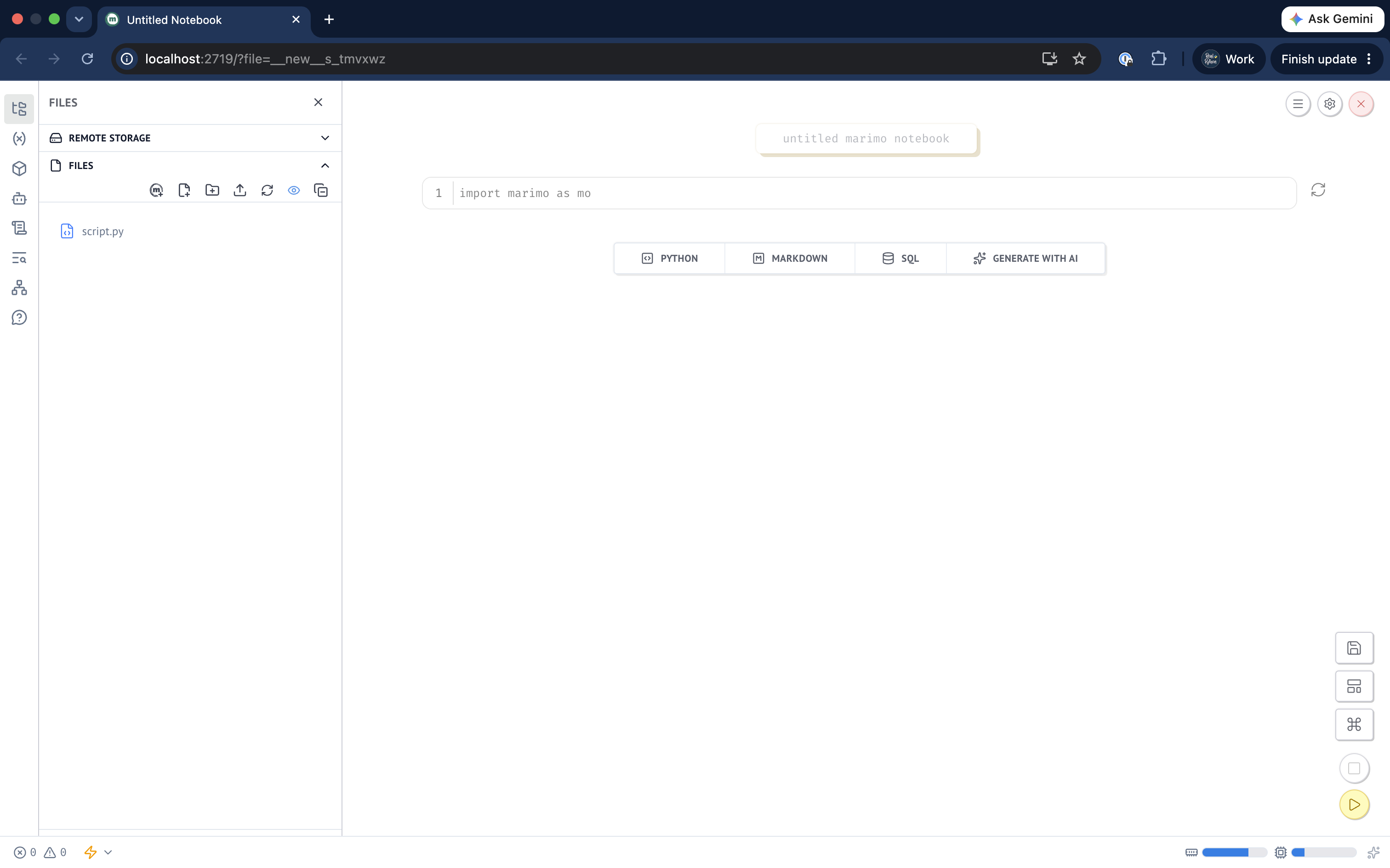 A marimo notebook open in a browser, with a file browser panel on the left and an editor cell importing marimo, above buttons for adding Python, Markdown, SQL, or AI cells.