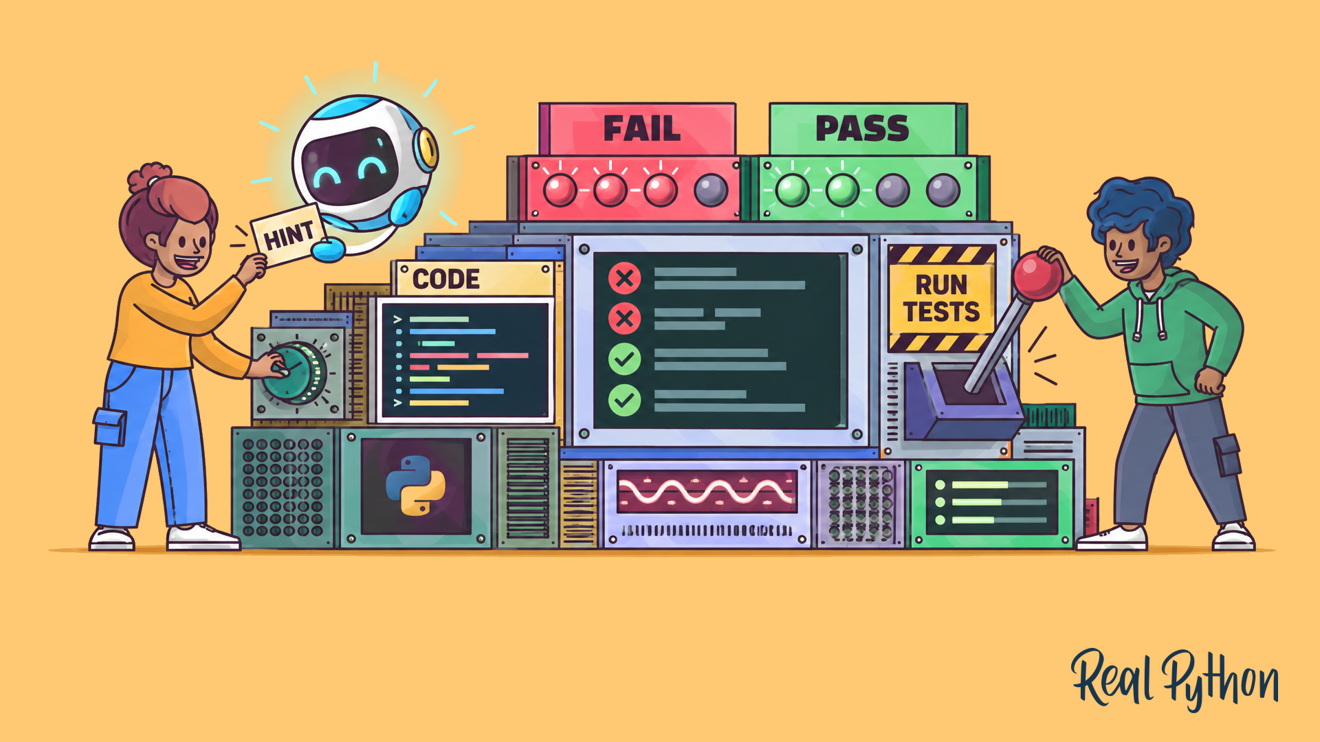 Two people working a test machine with FAIL and PASS lamps and a RUN TESTS lever while a glowing robot mentor hands one of them a HINT card.
