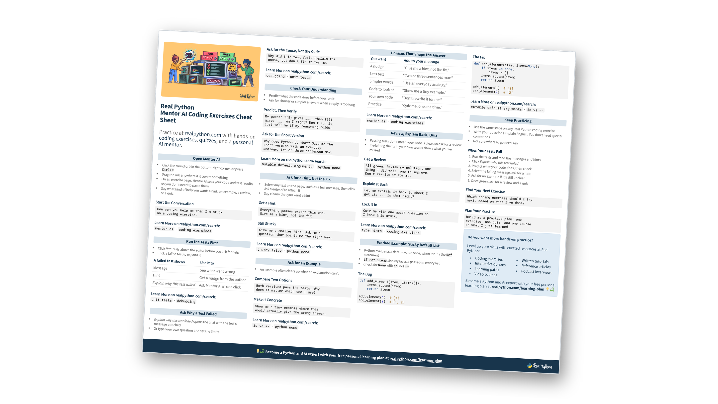 Real Python Mentor AI Coding Exercises Cheat Sheet pages stacked on top of each other