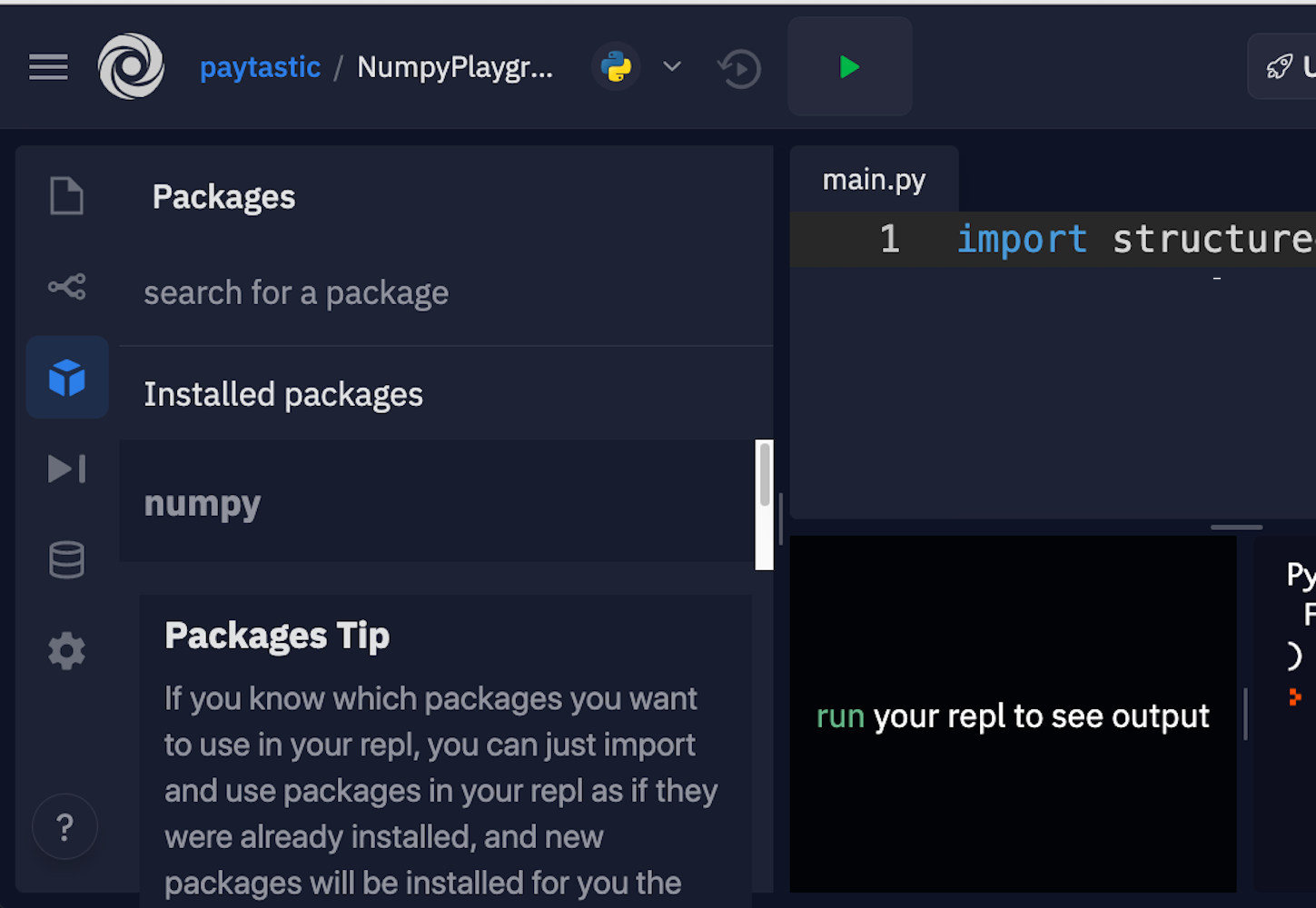 The location of the "Packages" tab on Repl.it.