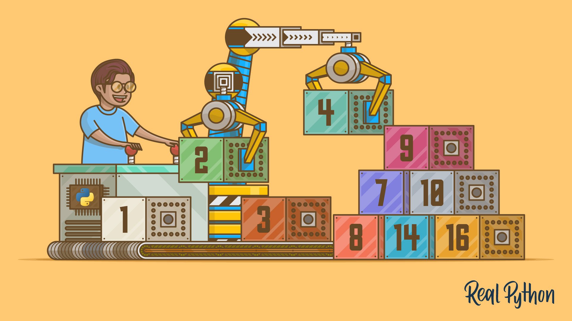 A person using a crane to build a heap data structure of number boxes