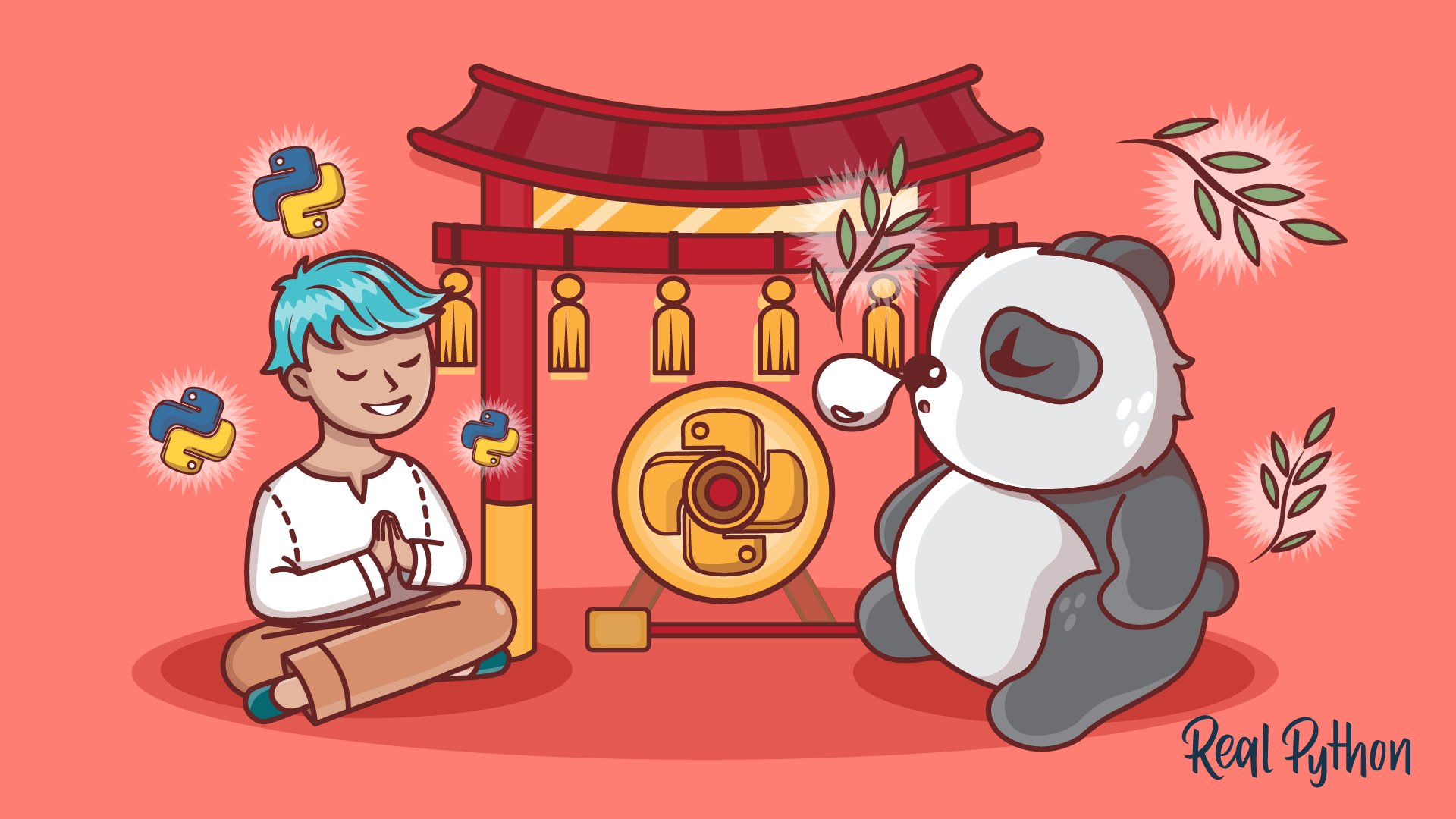 A person meditating on the left, thinking about Python, a panda sleeping on the right, dreaming of bamboo, with a structure and a Python-themed gong in the middle between them