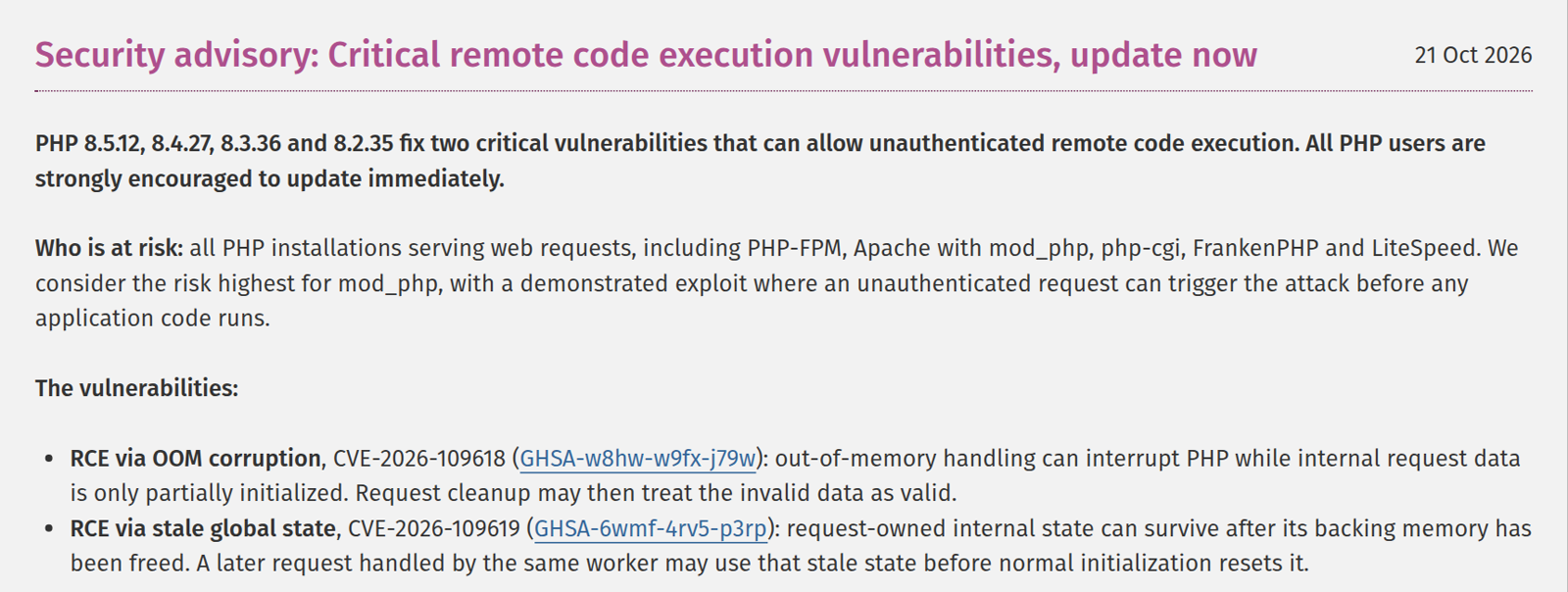 PHP.net security advisory listing the fixed PHP versions and the two CVEs for remote code execution.