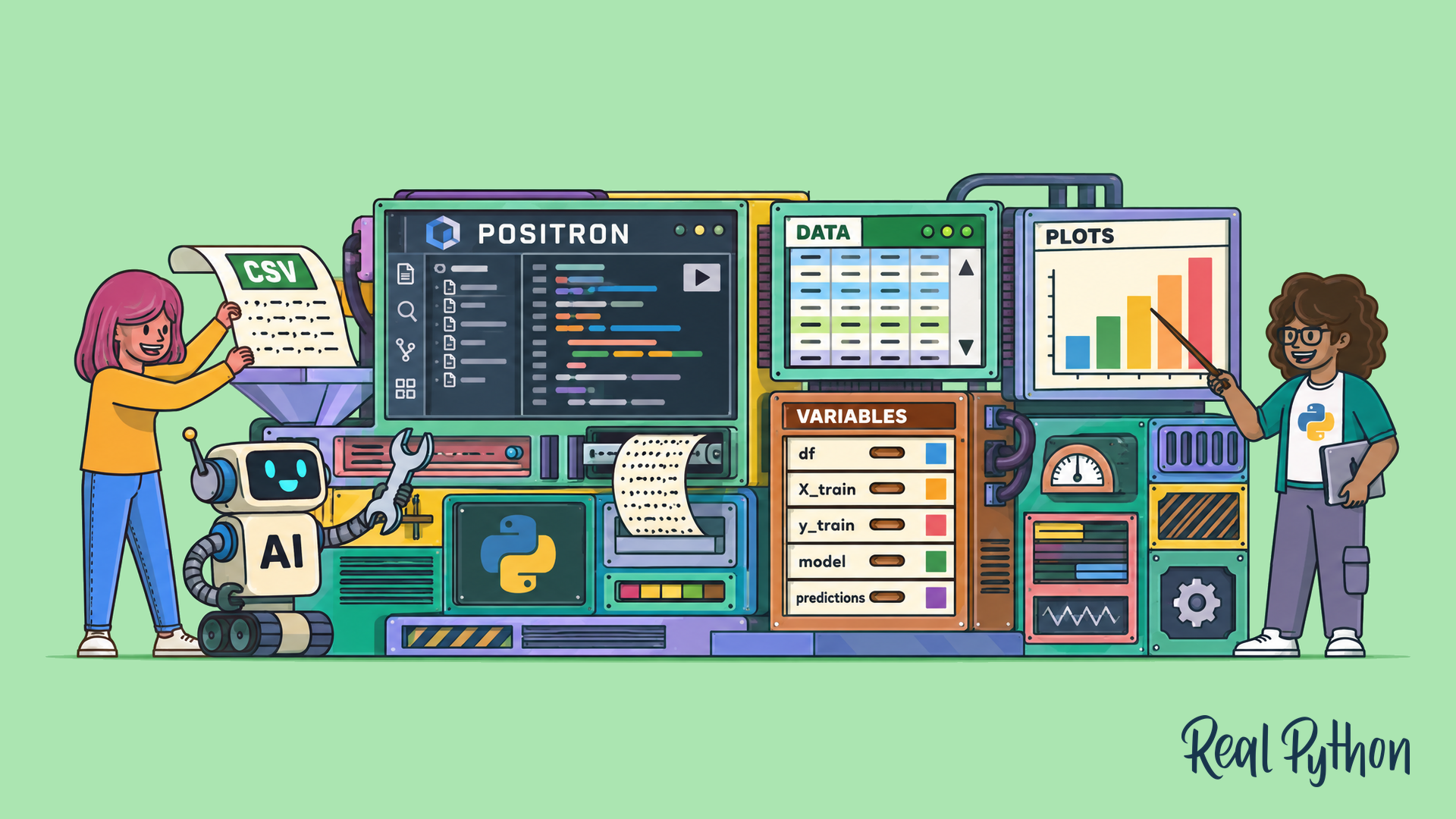 Two people and a small AI robot working at a retro data workbench with panels labeled Positron, Data, Variables, and Plots, feeding in a CSV file and pointing at a rising bar chart.