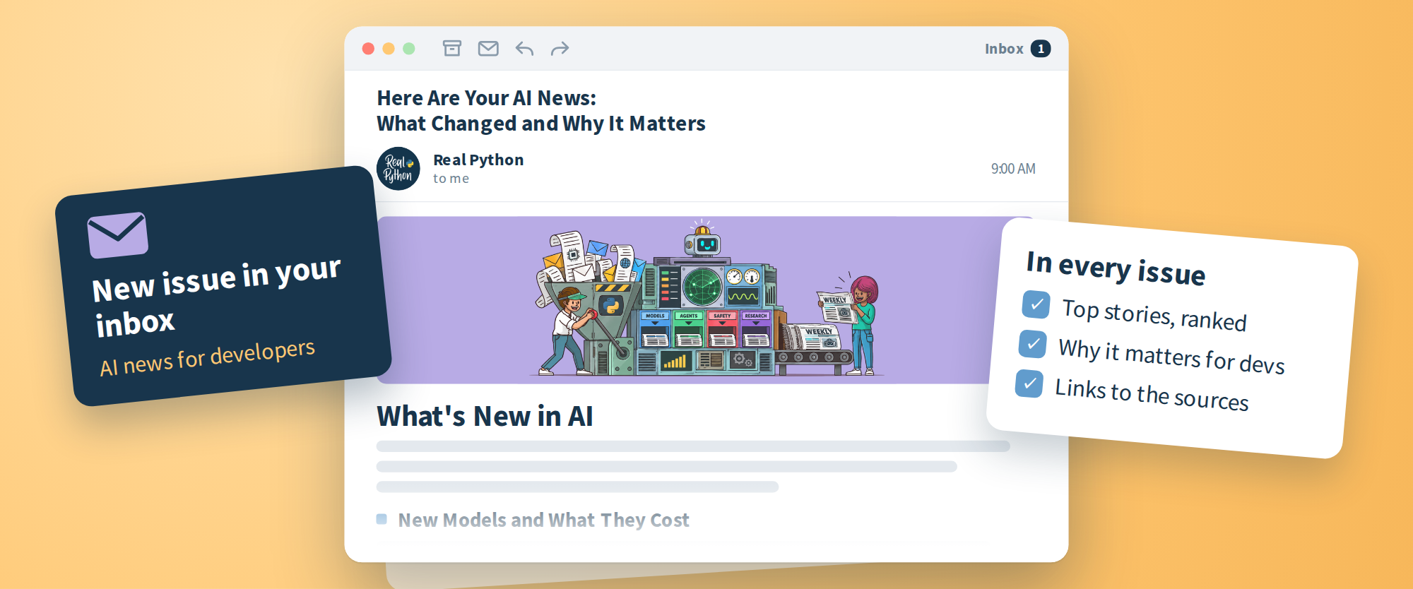 An email from Real Python titled Here Are Your AI News, What Changed and Why It Matters, with lavender newsletter artwork and badges reading New issue in your inbox and In every issue.