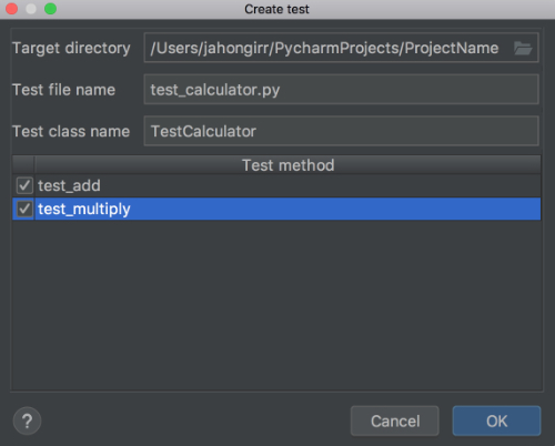 Create tests in PyCharm