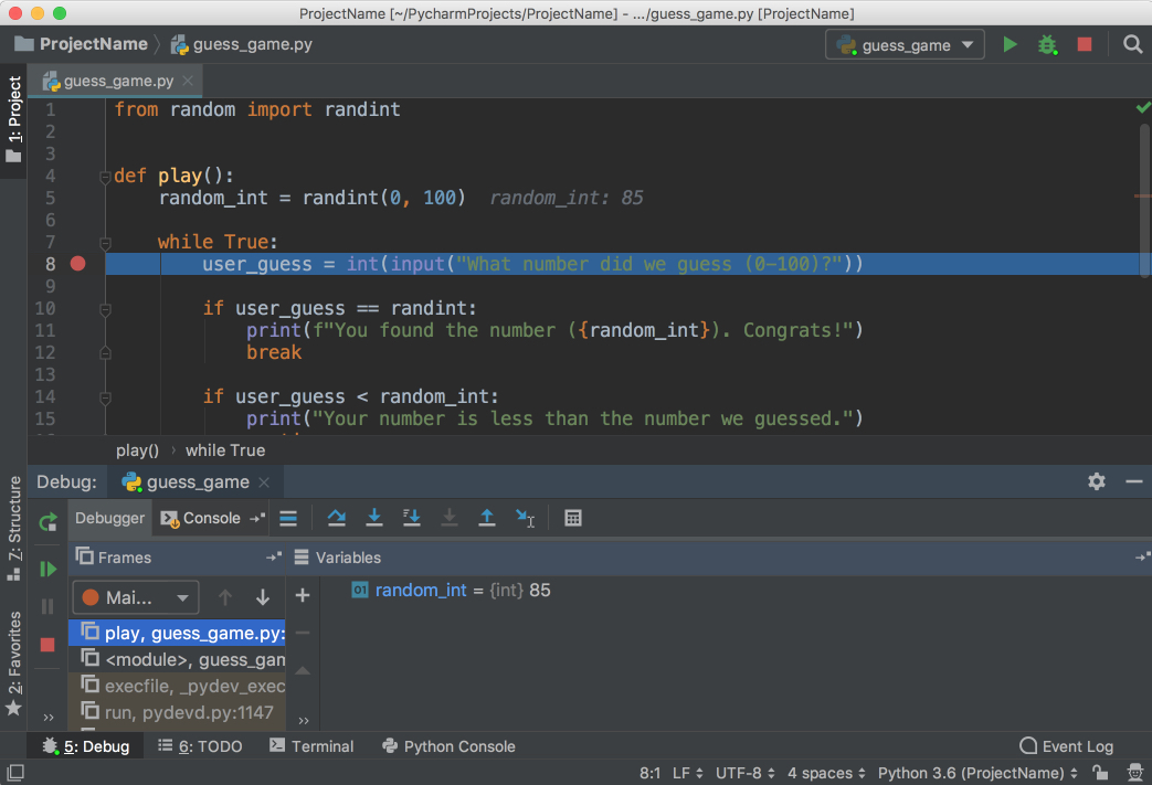 Start of debugging in PyCharm