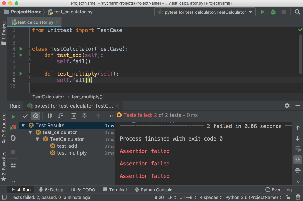 Failed tests in PyCharm