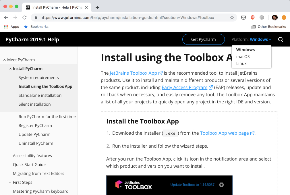 List of OSes in the JetBrains website