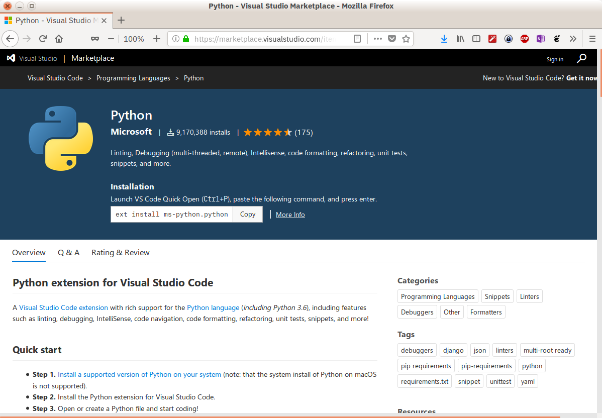 visual studio code install python extension