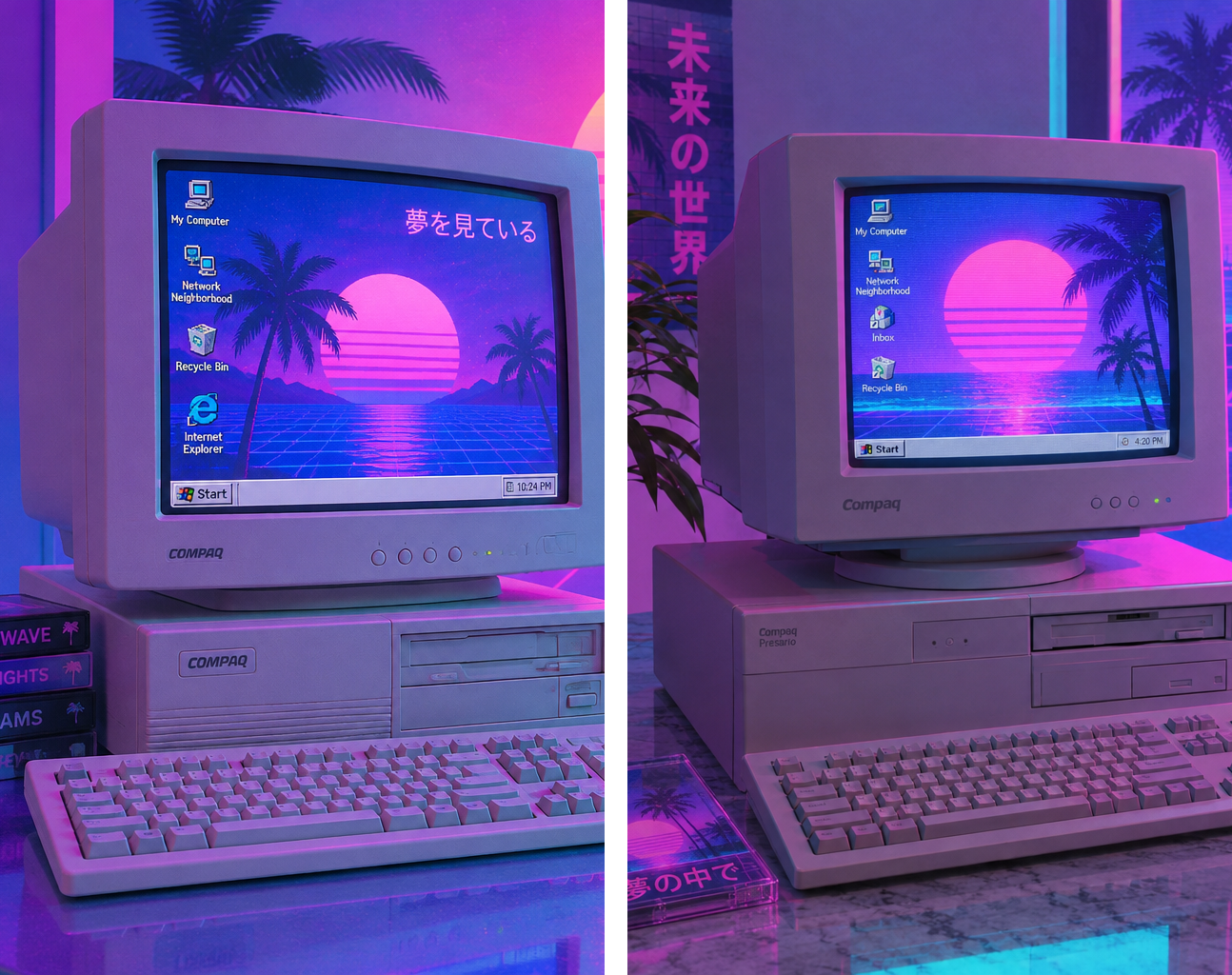 Two crops of a retro computer monitor generated at low and high quality, both showing readable desktop icon labels and a neon sunset wallpaper