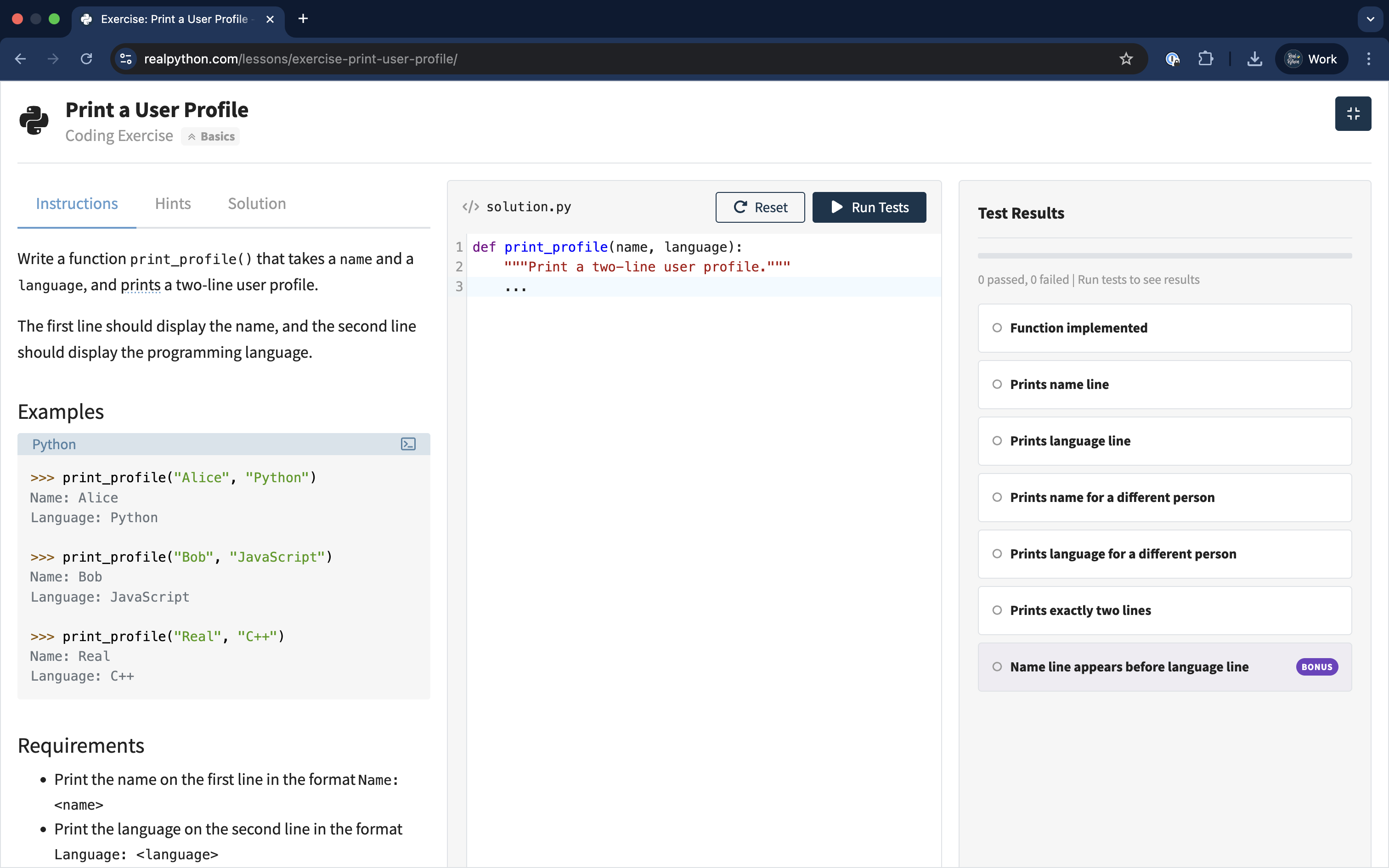 Real Python Exercises Interface