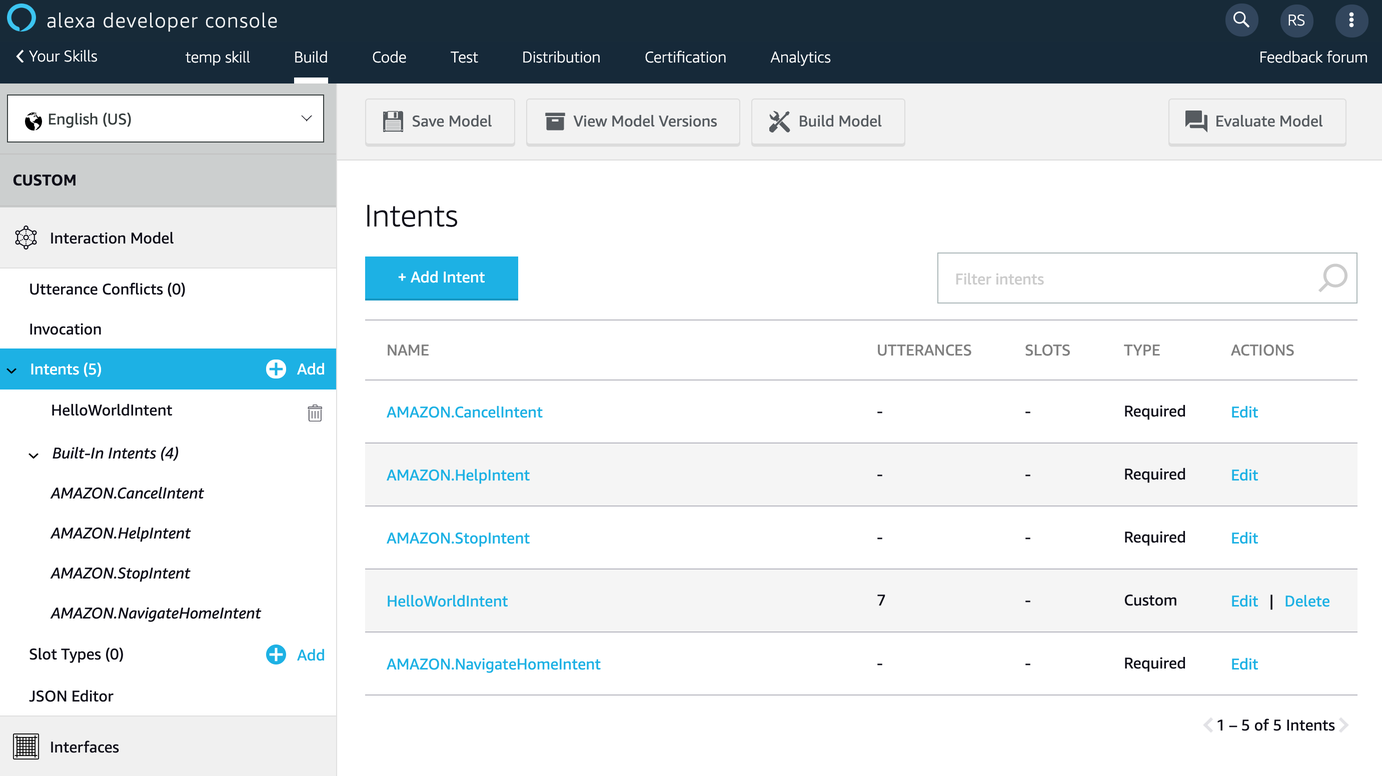 Alexa Developer Console Intents Panel