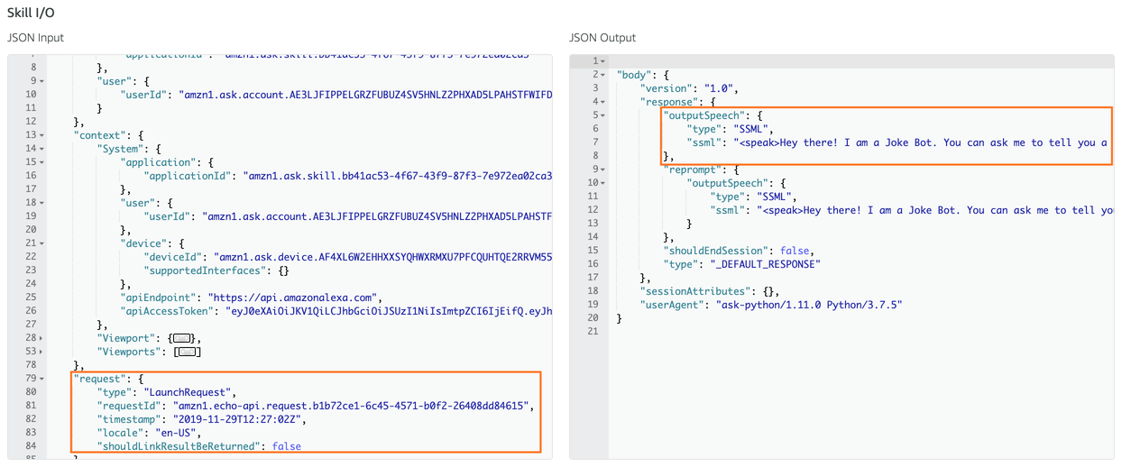 Alexa Skill Test JSON Input/Output