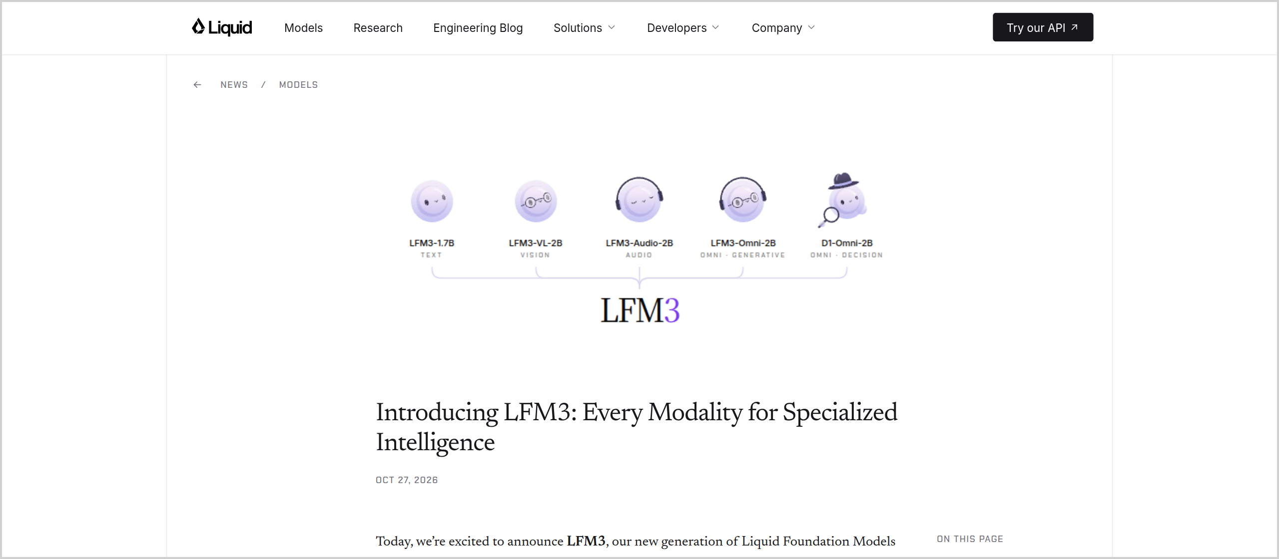 Screenshot of the source page: Introducing LFM3: Every Modality for Specialized Intelligence | Blog | Liquid AI